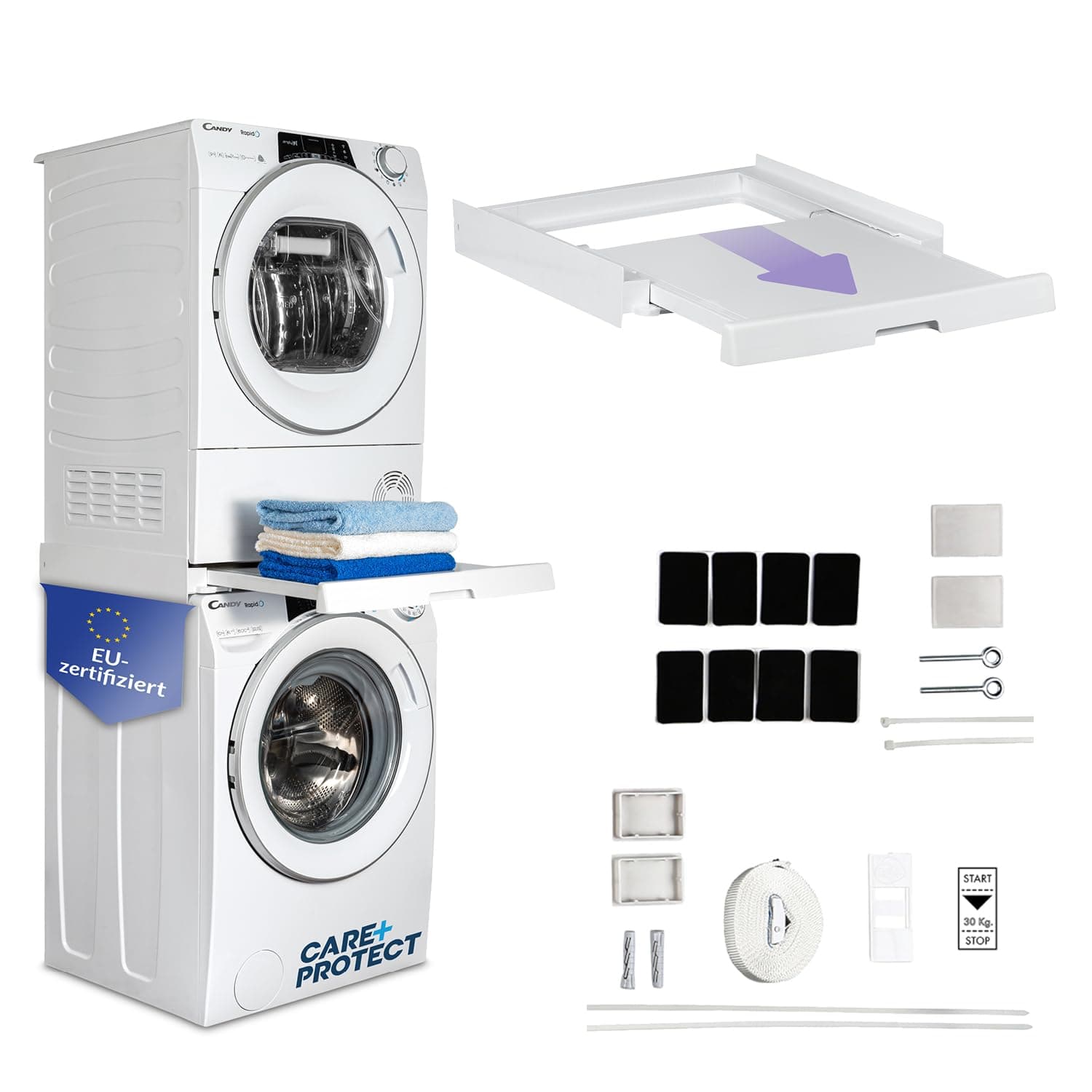 CARE+PROTECT Universaler Zwischenbaurahmen mit ausziehbarem Boden für Waschmaschinen und Trockner, passend für Geräte mit Tiefe 47-62 cm, platzsparend, weiß, eckige Front 47-62cm Tiefe mit Ausziehboden Angebot bei HelloDeals