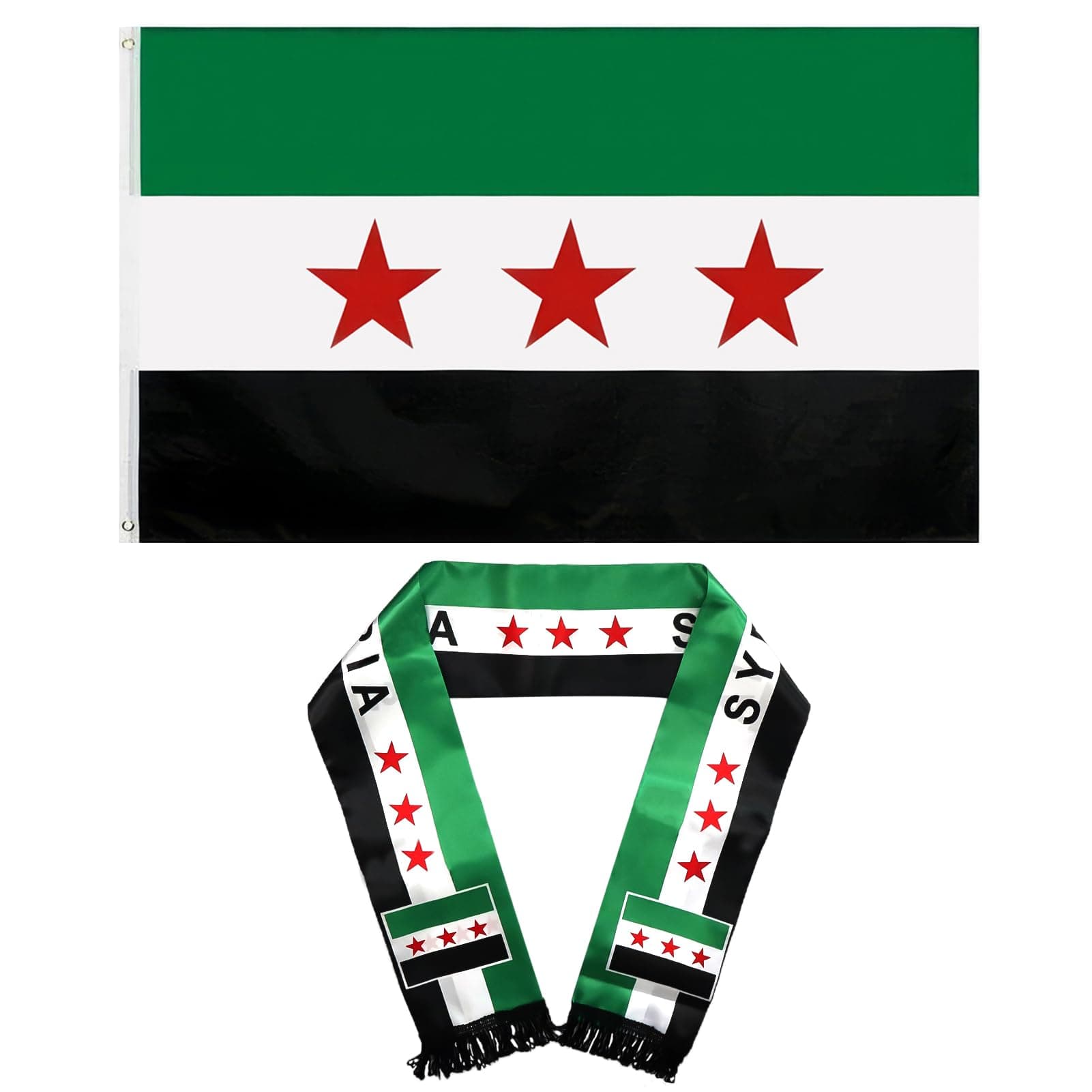 Syrische Flagge 90x150 cm und Flaggenschal 135x14 cm - Wetterfeste Fahne und Doppelseitiger Schal mit Messingösen Style3 Angebot bei HelloDeals