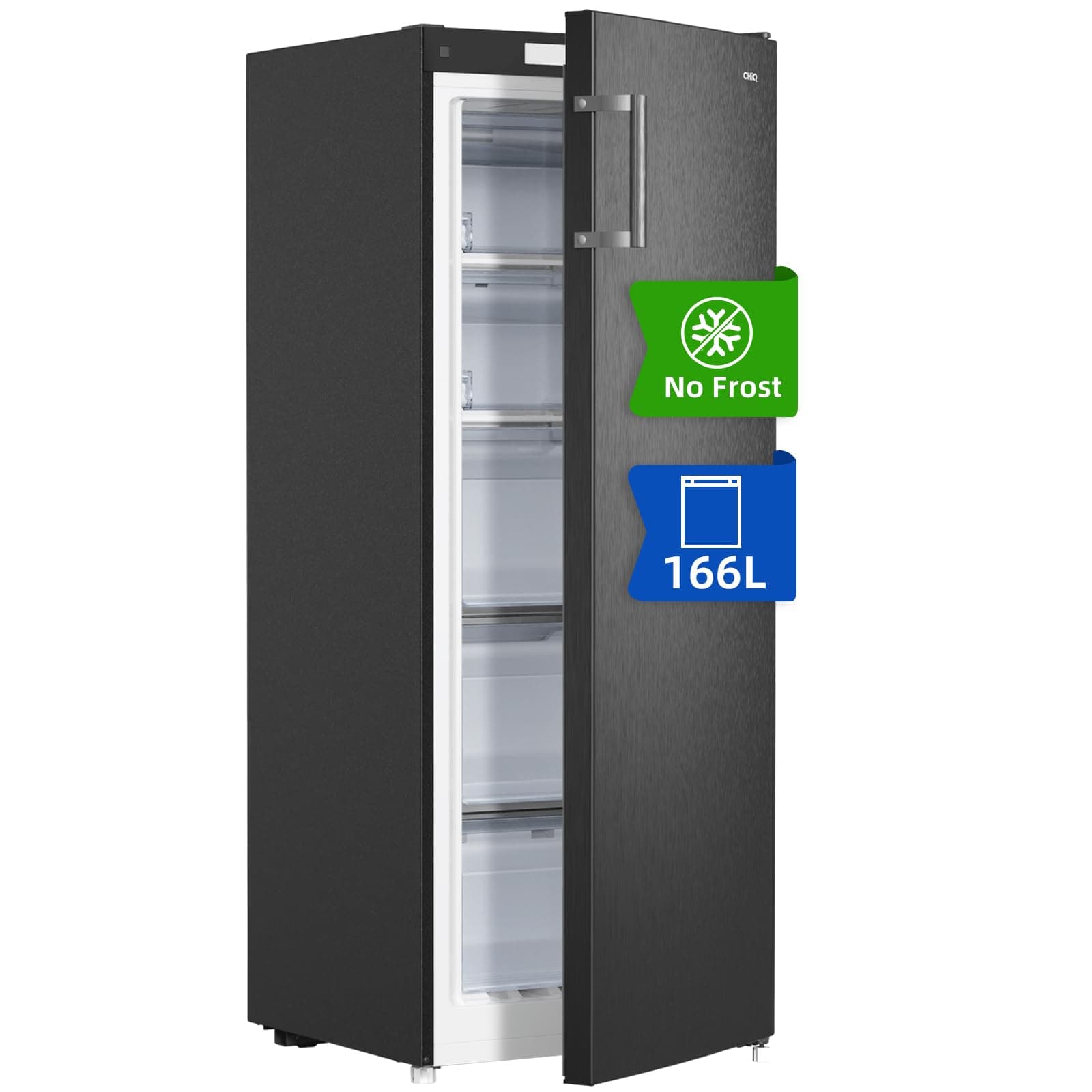 CHiQ Gefrierschrank No Frost 166 L, MultiAirflow, 4-Sterne-Gefrieren｜5 Schubladen + 1 obere Klappe, 144cm H| 209 kWh/Jahr, mit LED, Wechselbarer | Schwarz, FSD166NE4E Angebot bei HelloDeals