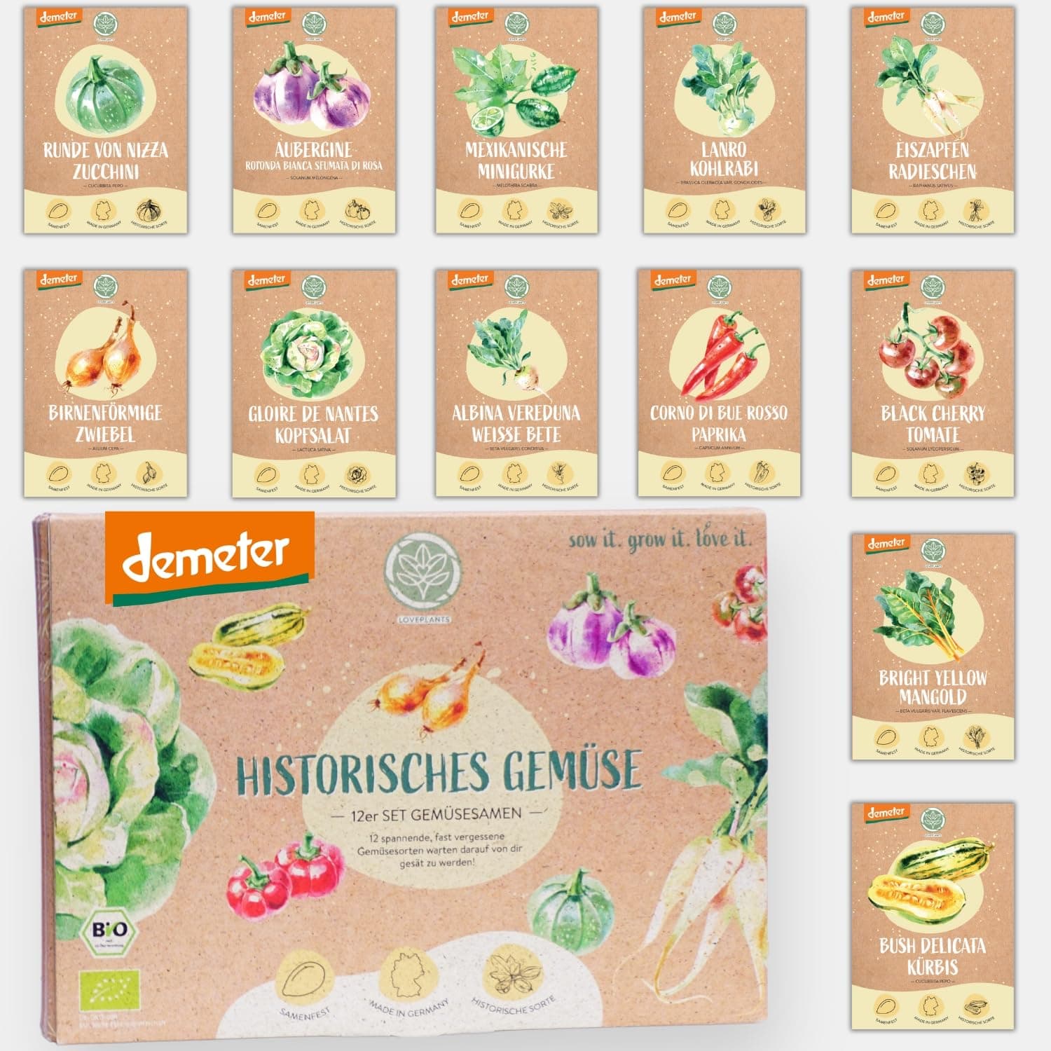 BIO Historisches Gemüse Samen Set - 12 Sorten Demeter Gemüse Saatgut | Seltene u. alte Gemüsesamen allesamt samenfest | alte Gemüsesorten für Balkon, Hochbeet, Garten & als Geschenk | Loveplants Angebot bei HelloDeals