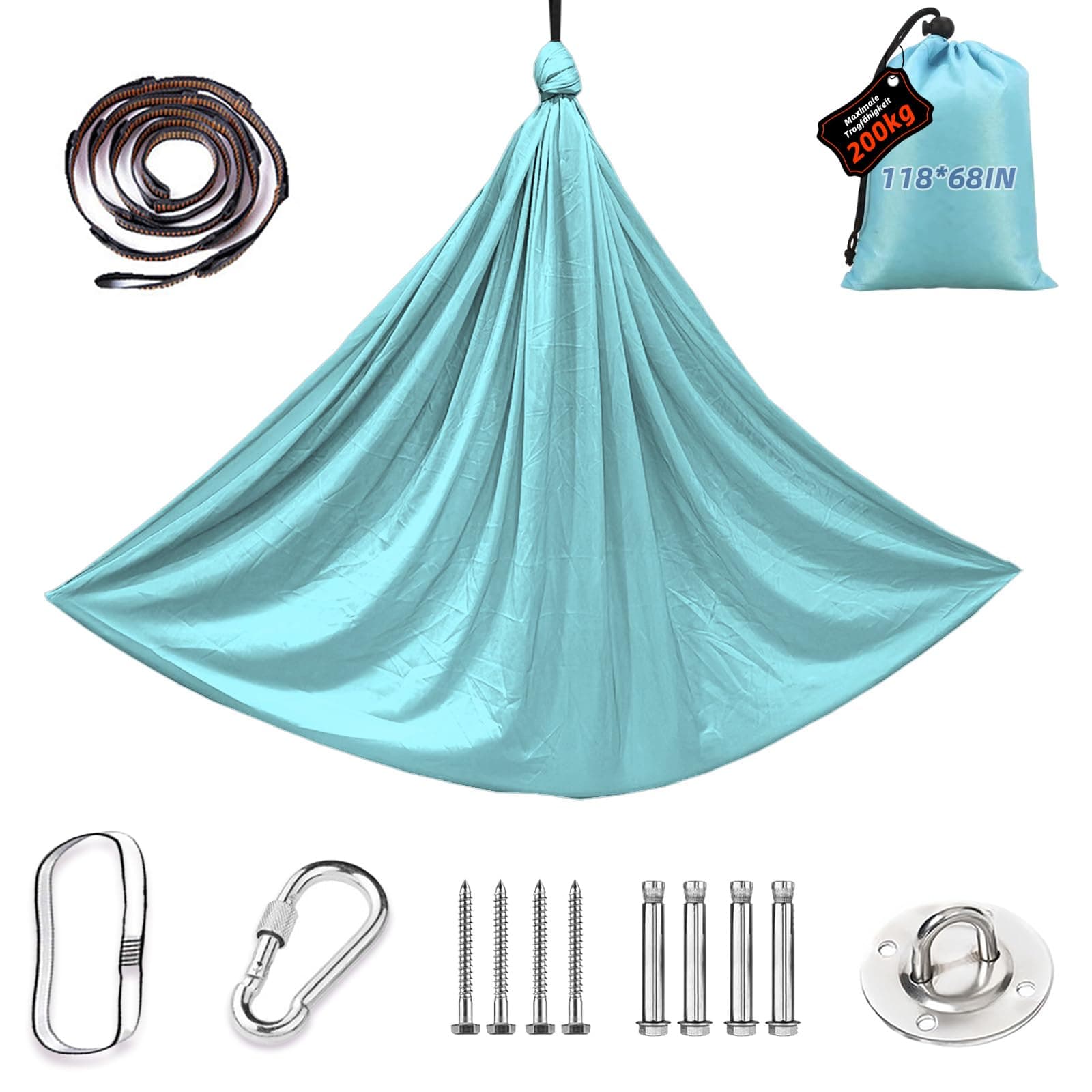 Yoga-Set, Yoga-Zubehör,Hängematte 280 x 150 cm, 200 kg Belastung,inkl. Kompletter Installationshardware,klein Hellblau Angebot bei HelloDeals