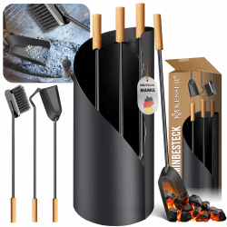 KESSER® Kaminbesteck Set XXL Gusseisen Kaminzubehör, Kaminholz Besteck, Stahl beschichtet, Hochwertige Kamingarnitur + Besen, Kehrschaufel, Schürhaken, Gusseisen Ständer, Holz Griffe, Anthrazit Angebot bei HelloDeals