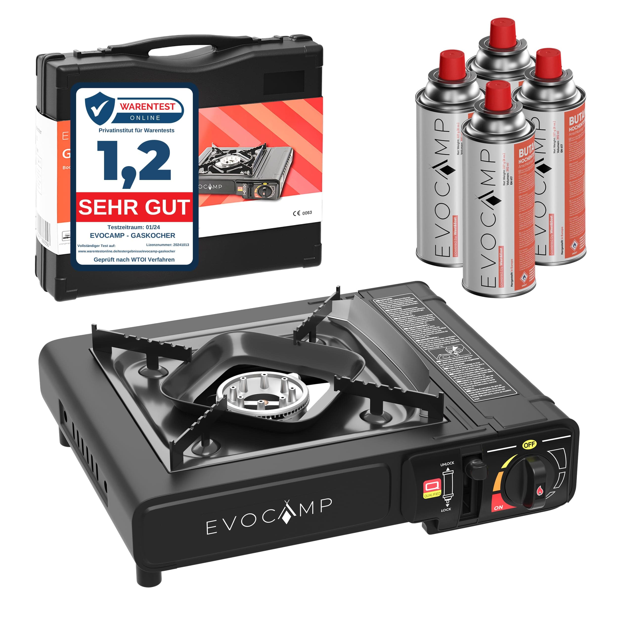 Gaskocher 1-flammig mit Piezozündung, Campingkocher für Gaskartuschen MSF-1a 227 g, Camping Herd mit Tragekoffer - Ideal für Outdoor (1-flammiger Gaskocher + 4 Gaskartuschen) Angebot bei HelloDeals