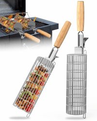 Rollendes Grillkorb Set, Grill zubehör mit abnehmbarer Holzgriff, Edelstahl 304, GrillZubehör für Outdoor-Grill, Gemüse, Fleisch und Meeresfrüchte am Außengril, Geschenke für Männer Angebot bei HelloDeals