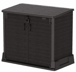 Duramax Cedargrain StoreAway 850L Kunststoff-Gartenhaus - Outdoor-Gartenhaus, Mülltonnenbox, Solide Konstruktion, ideal für Werkzeuge, BBQs und Mülltonnen 2x 120L, 130 x 74 x 110 cm, Dunkelbraun 850L Flat Lid Dark Brown Angebot bei HelloDeals
