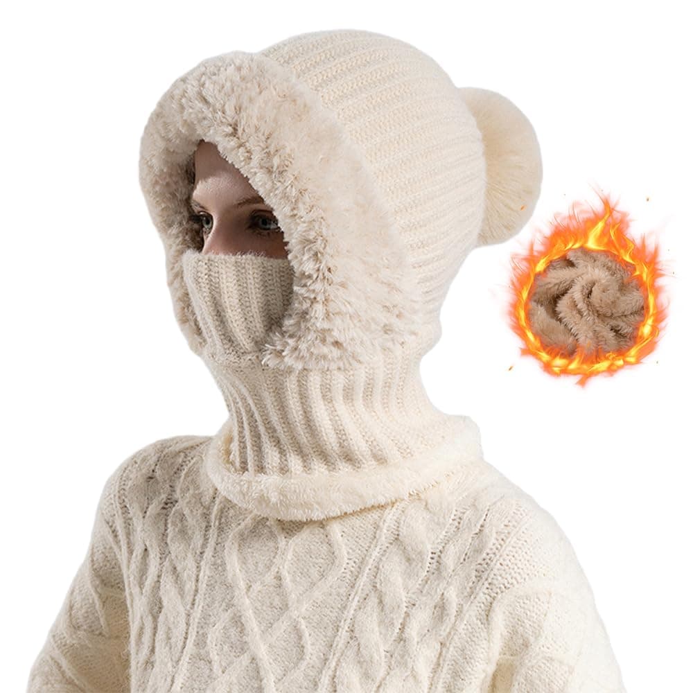 Generisch Sturmhaube Mütze Winter, 2026 Neu Wintermütze für Damen, Plüsch Sturmhaube Mütze Winter Thermo Skimaske Winddichte Vollgesichtsmaske 3 in 1 Beanie Mütze Warm Strickmütze & Halswärmer Sets Beige Angebot bei HelloDeals