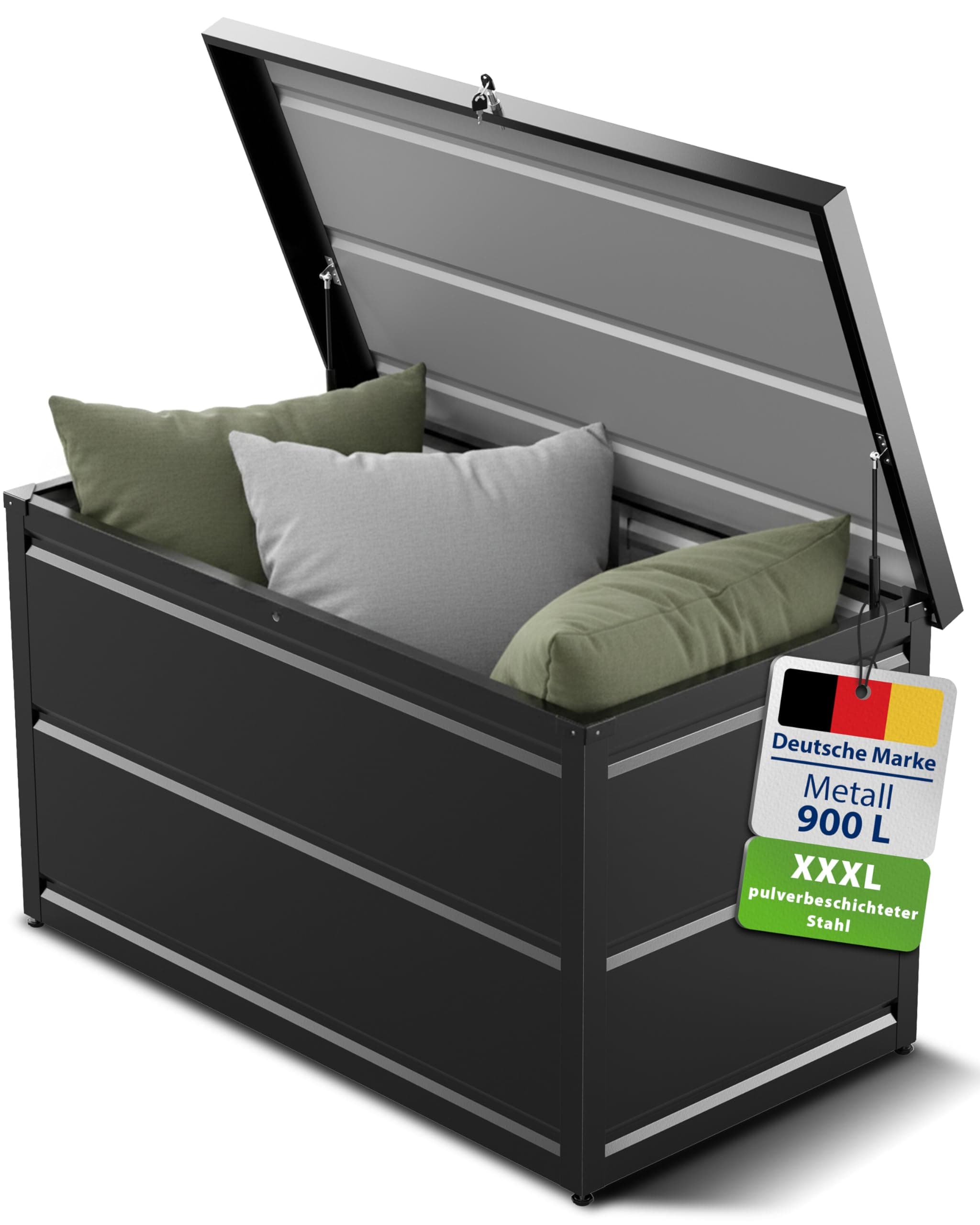 Gartenzeit® Auflagenbox 900L (148×83×82cm) – XXL Gartenbox aus pulverbeschichtem Stahl RAL 7016, wetterfest, wasserdicht & abschließbar, als Sitzbank nutzbar, Outdoor Kissenbox für Polster Angebot bei HelloDeals