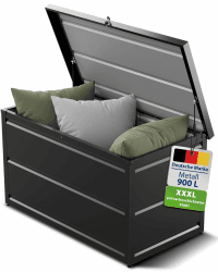 Gartenzeit® Auflagenbox 900L (148×83×82cm) – XXL Gartenbox aus pulverbeschichtem Stahl RAL 7016, wetterfest, wasserdicht & abschließbar, als Sitzbank nutzbar, Outdoor Kissenbox für Polster Angebot bei HelloDeals