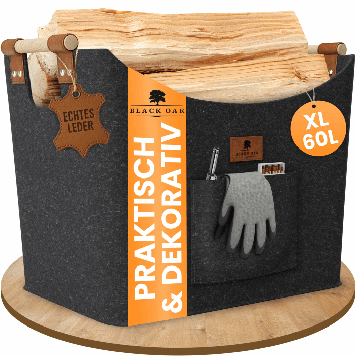 BLACK OAK Montana XL 60L Filzkorb & Holzkorb für Kaminholz - Echt-Leder Applikation + breite Griffe + Fronttasche extra groß - Filz Tasche Korb für Holz faltbar Transport & Aufbewahrung anthrazit 60 Liter Anthrazit Angebot bei HelloDeals