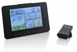 SATELLITEN-WETTERSTATION Color Funk-Wetterstation mit 4 Tage Vorhersage, satellitengestützt, Außensensor, Thermometer, Luftfeuchte, Funkuhr, Windstärke/richtung, UVM, LCD, Schwarz Angebot bei HelloDeals