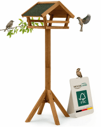 Moorland Vogelhaus mit Ständer Wetterfest – Offenes Vogelfutterhaus Braun aus Tannenholz – 101cm hoch, Bitumendach grün – Vogelfutterhäuschen als Bausatz für Garten & Balkon – VH3 Angebot bei HelloDeals