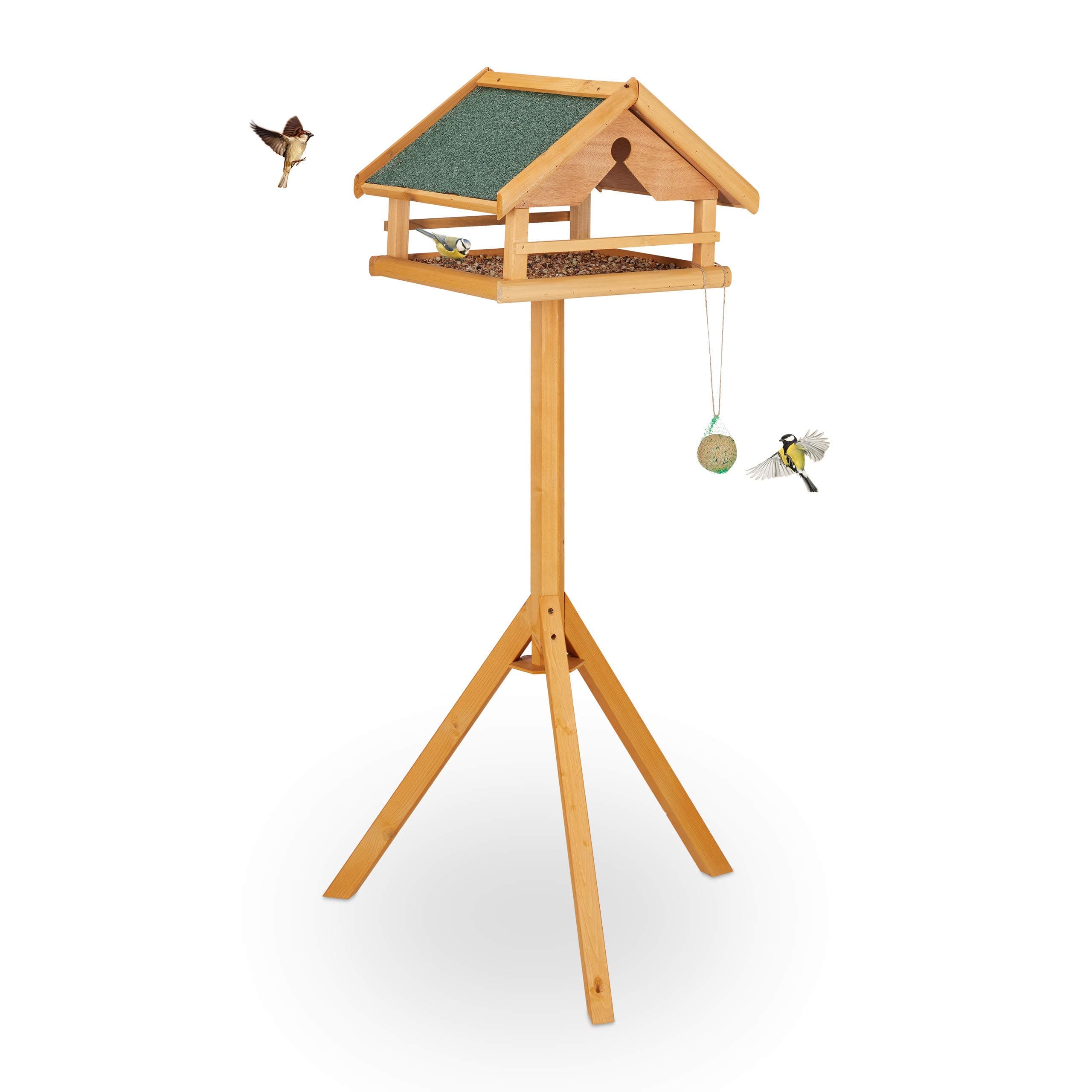 Relaxdays Vogelfutterhaus mit Ständer, groß, wetterfestes Dach, Garten, Holz Vogelhaus HBT 120 x 62 x 55 cm, Natur/grün Angebot bei HelloDeals