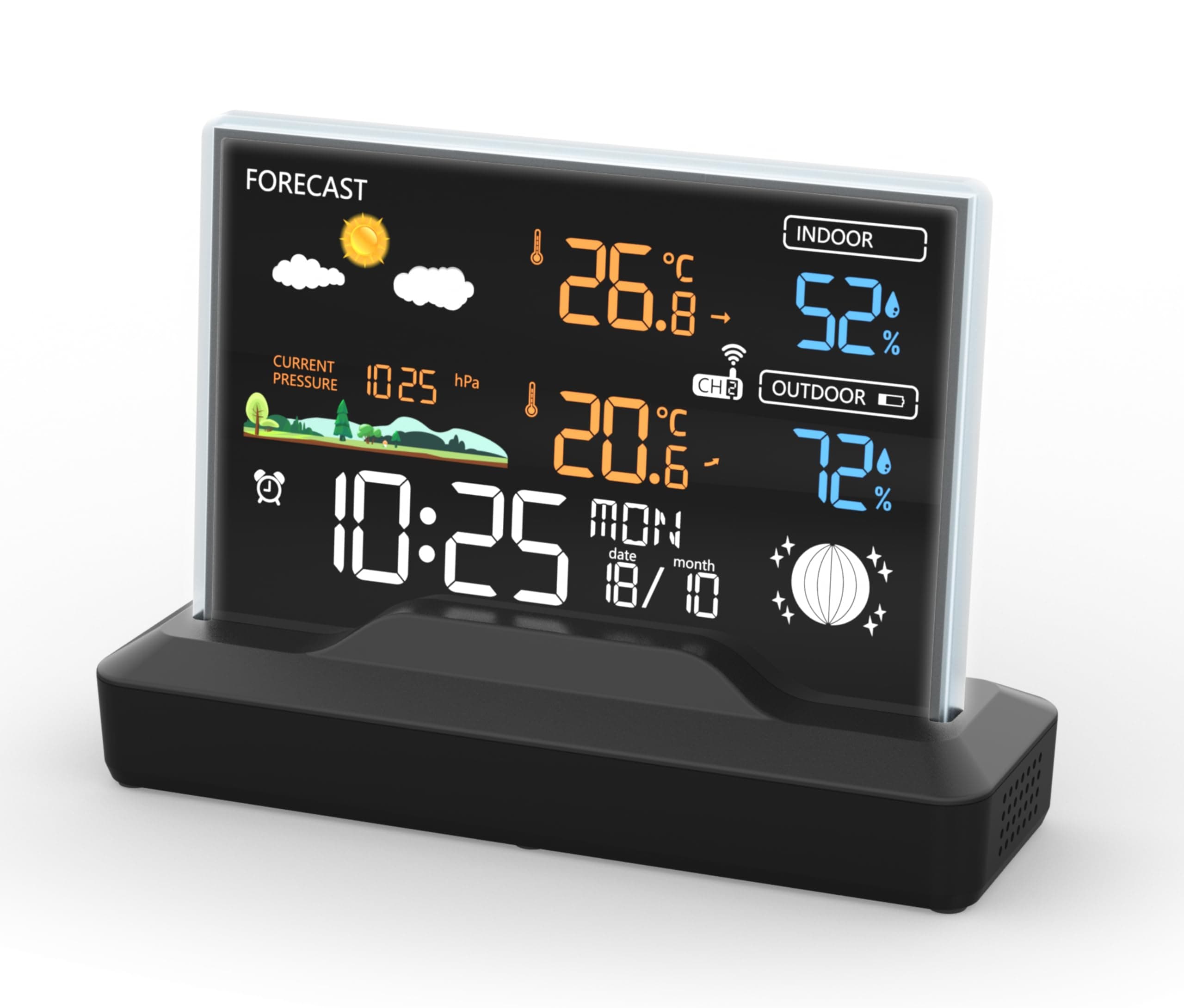 FUNK-WETTERSTATION "DELUXE" - FARBIGE WETTERSTATION MIT FUNKUHR, WETTERDATEN, AUSSENSENSOR, MONDPHASE, TEMPERATUR, LUFTDRUCK, NETZTEIL Angebot bei HelloDeals