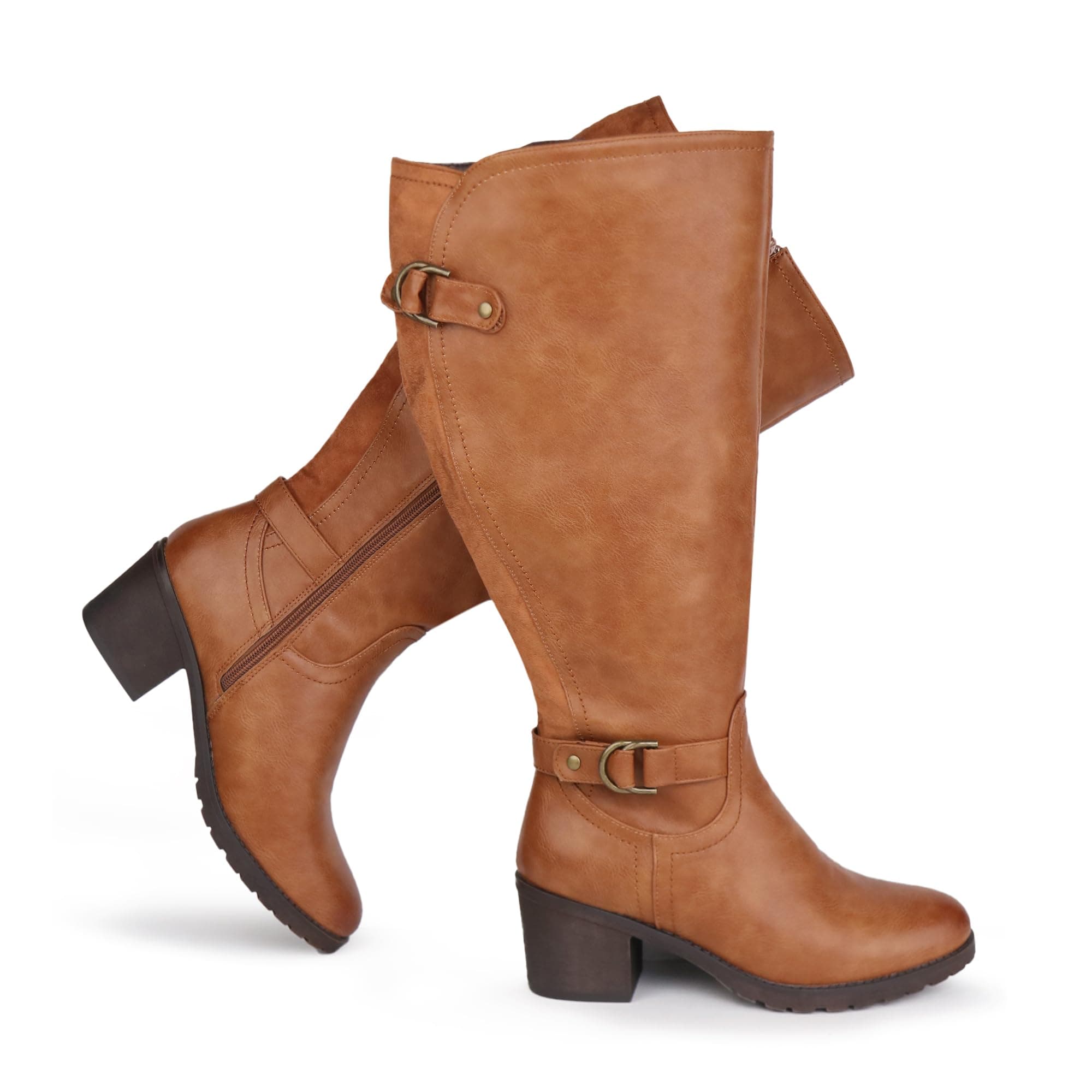 Damen-Reitstiefel mit weitem Schaft und kniehohem Absatz, seitlichem Reißverschluss und Blockabsatz 39 EU Hellbraunes Angebot bei HelloDeals
