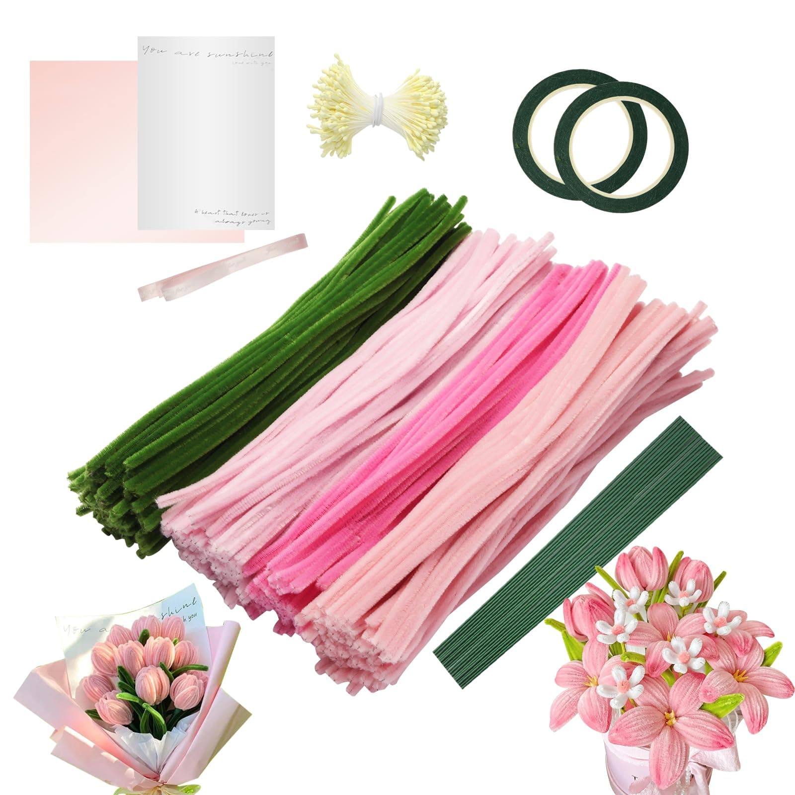 Assiduous 400 Stück Pfeifenputzer zum Basteln - Pfeifenreiniger zum Basteln,Rosa Tulip Bouquet Pfeifenreiniger Set, 4 Farben Pipe Cleaner mit 20 Stück Grünem Bastelfaden, für Blumenstrauß DIY Basteln Angebot bei HelloDeals