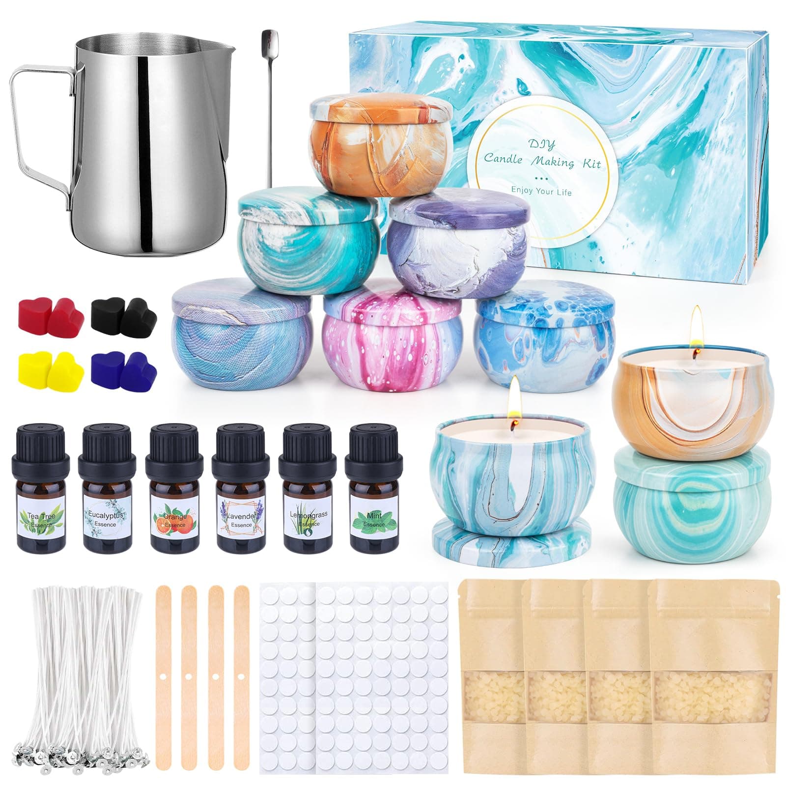 FONTOEN Kerzen Selber Machen Set,Kerzenherstellung Kit, Duftkerze Geschenke Set mit 480g Bienenwachs,9 Kerzendosen6 Duftöl,8 Farbblöcken,Wachsschmelztopf, diy set erwachsene für Erwachsene und Kinder Angebot bei HelloDeals