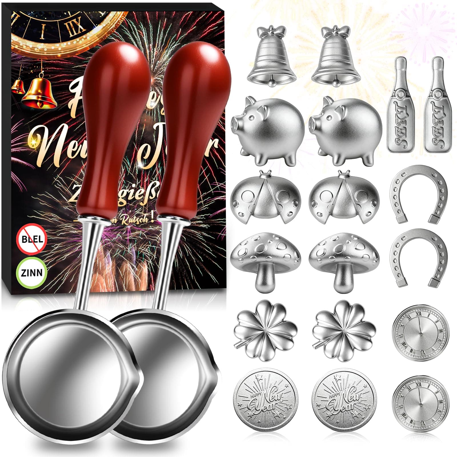 Zinngießen Silvester Spiele Set 2026-20 Zinngießen Set mit 18 Stück Zinn Giessen und 2 Löffeln, Gesunde Alternative Zum Bleigießen für Partyspiele Deko Silvester Geschenke Neujahrsgeschenke Silber Angebot bei HelloDeals