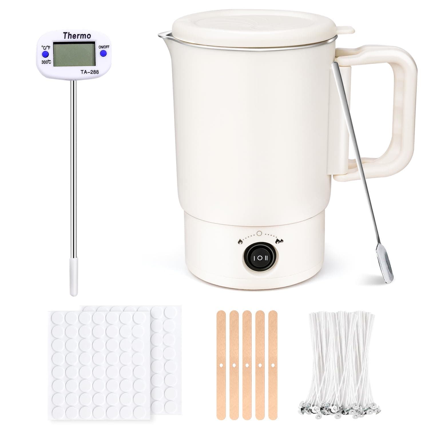 KERCAMKEL Elektrischer Wachsschmelztopf für Kerzenherstellung, Kerzen Selber Machen Set Zubehör mit Wachsschmelzer, Thermometer, 100 Kerzendochte, 100 Docht Aufkleber, 5 Dochthalter und Rührlöffel Angebot bei HelloDeals