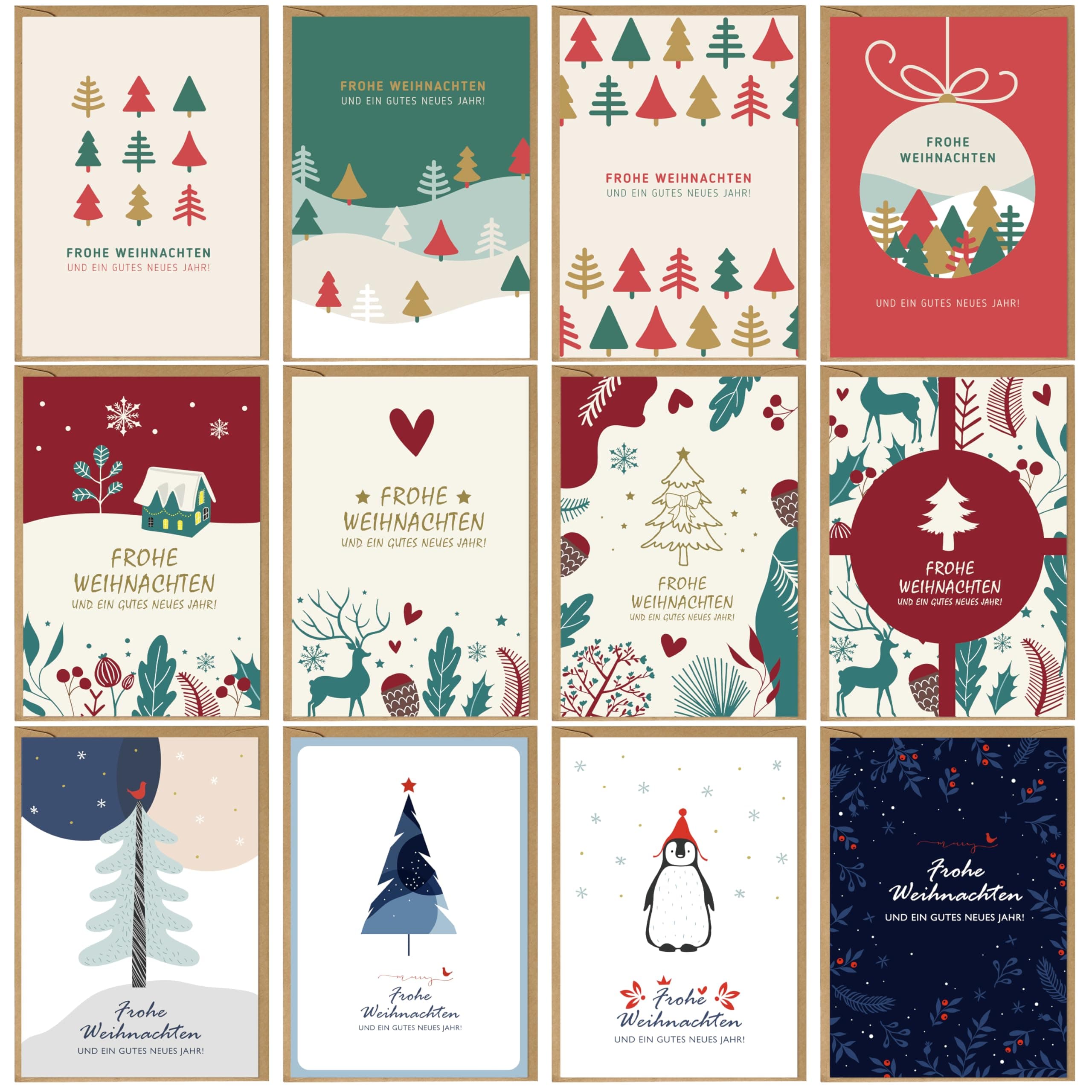 12er Weihnachtskarten mit Umschlag set - Weihnachtsbaum Karte Weihnachten, 300 g/m² Christmas Card - A6 Klappkarten Frohe Weihnachtskarte, Grußkarten Weihnachten für Kinder, Familie & Freunde Retro Stil Angebot bei HelloDeals