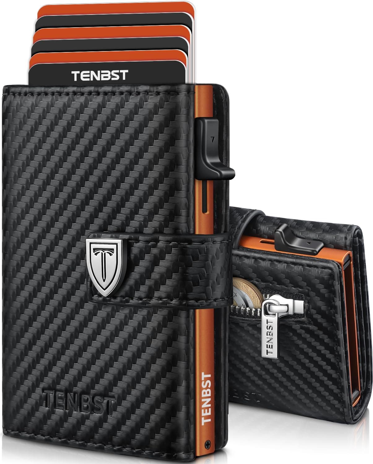 TENBST Ultradünne Geldbörse Herren, Portmonee Herren mit Münzfach & RFID Schutz, Premium Slim Wallet, Luxus Geldbeutel Kartenetui für 10 Kreditkarten - Schwarz & Orange Classic Angebot bei HelloDeals