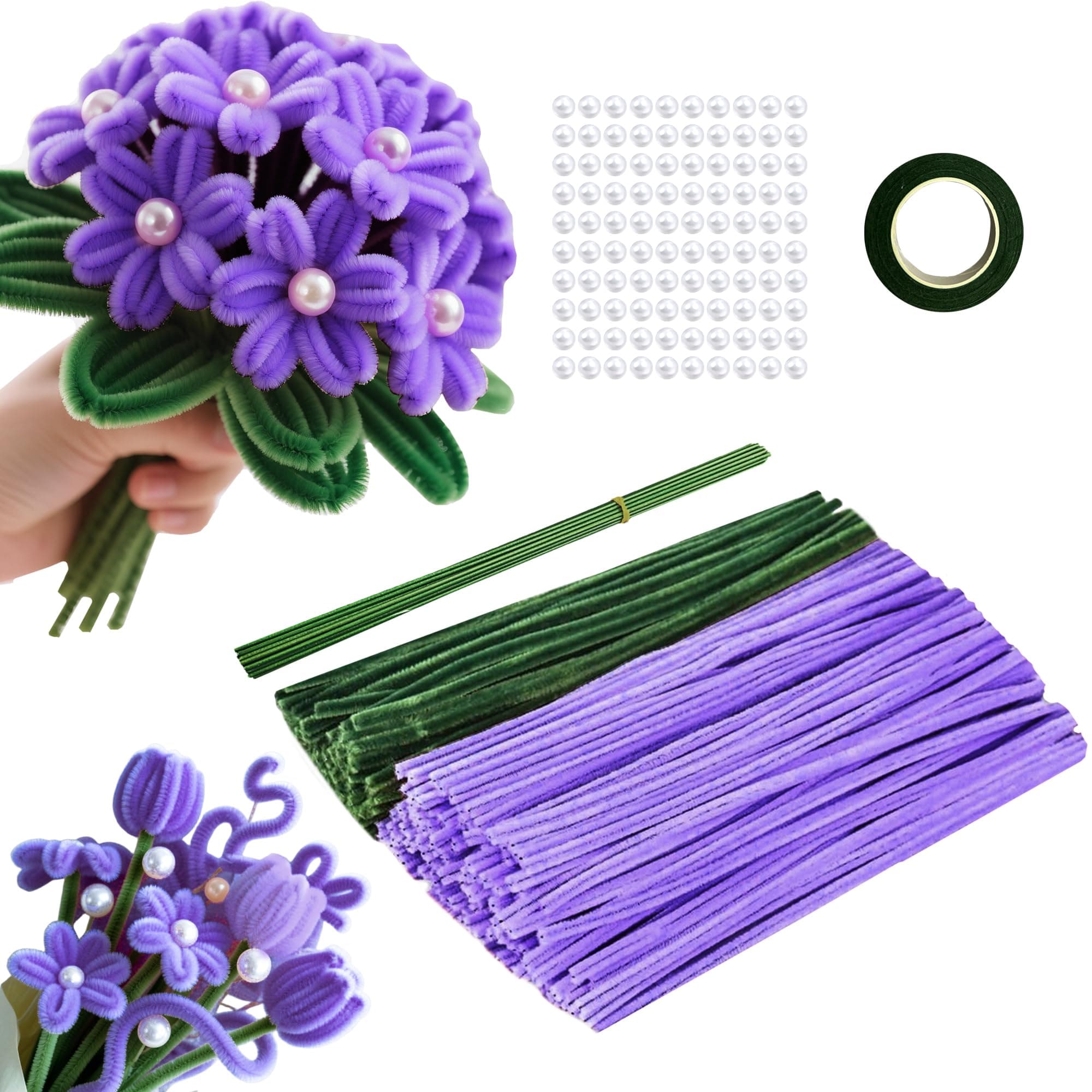 220 Stück Pfeifenputzer zum Basteln Blumen, 2 Farben Pfeifenreiniger Blumen, mit Blumendraht,Perlen für Blumenstrauß DIY Basteln,Bunt Plüschdraht DIY Craft Projekte(Grün,Violett) 200pc-Purple Angebot bei HelloDeals