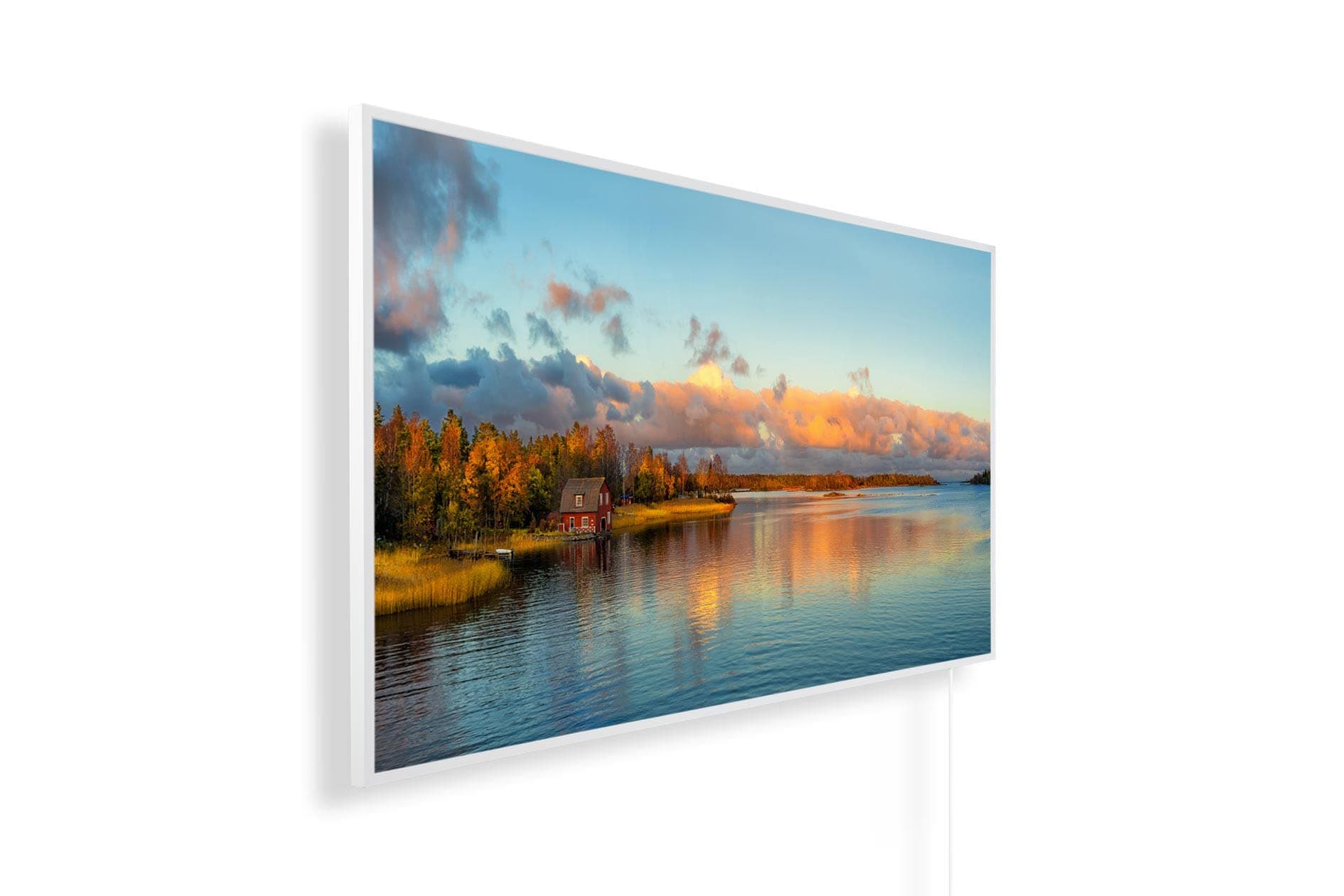 Infrarotheizung mit Bild – Herbst Bildmotive – TÜV SÜD - 1200 Watt Bildheizung - Weißer Rahmen (01. Haus am See) 1200 W B001. Haus Am See Angebot bei HelloDeals