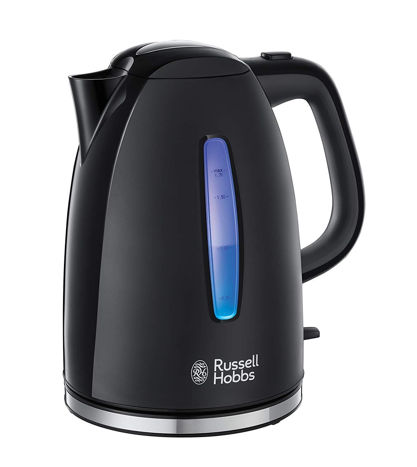 Russell Hobbs Wasserkocher [1,7l, 2400W, blaue LED-Beleuchtung] Textures+ (Schnellkochfunktion, herausnehmbarer Kalkfilter, beleuchtete Wasserstandsanzeige, autom. Deckelöffnung) Teekocher 22591-70 1,7l Schwarz Angebot bei HelloDeals