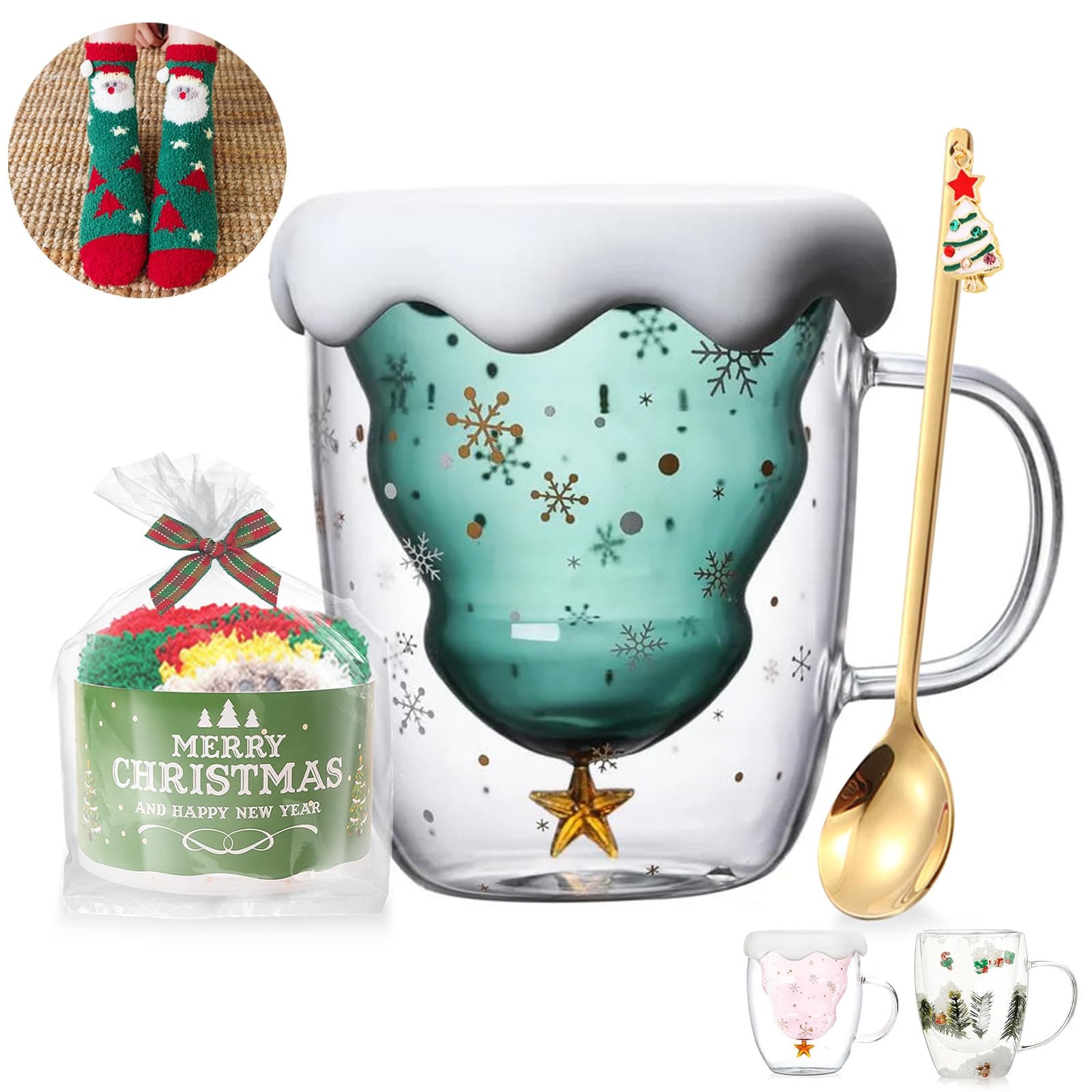 Süße Tassen Weihnachten Becher Kaffee Teegläser Trinkgläser Kaffeeglas Doppelwandige Isolierglas Espressotasse Wichtelgeschenke Weihnachtsgeschenke für Frauen Adventskalender Füllung Grün Angebot bei HelloDeals