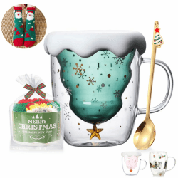 Süße Tassen Weihnachten Becher Kaffee Teegläser Trinkgläser Kaffeeglas Doppelwandige Isolierglas Espressotasse Wichtelgeschenke Weihnachtsgeschenke für Frauen Adventskalender Füllung Grün Angebot bei HelloDeals
