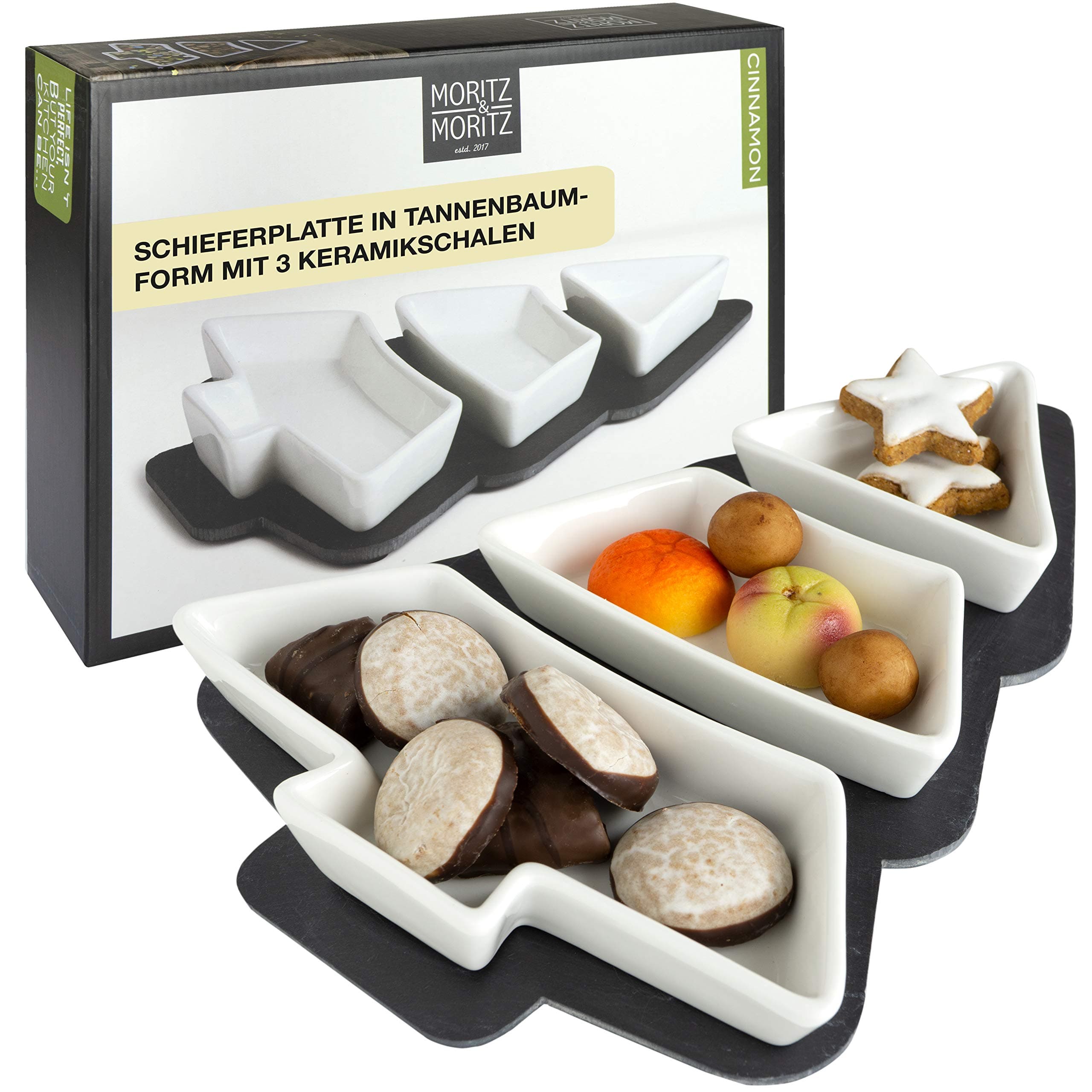 Moritz & Moritz Servierschalen Set mit Dipschalen 21 x 28,5 cm - Tannenbaum Schale - Schiefertablett Keramikschalen Design Tanne - Snackschalen & Dipschalen - Weihnachtsteller für Süßigkeiten Angebot bei HelloDeals