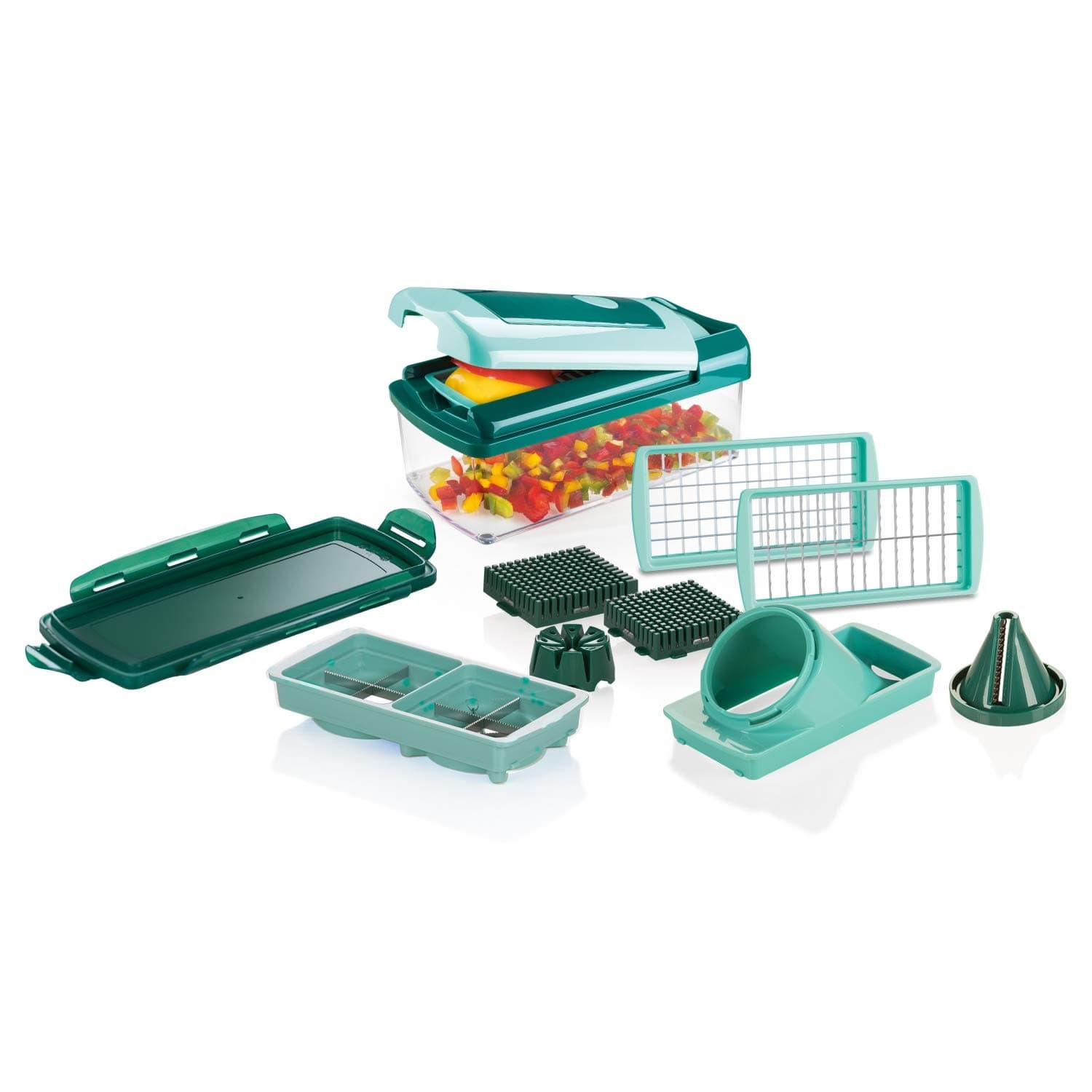 Nicer Dicer Fusion smart Gemüseschneider-Set 12tlg, Würfel, Stifte, Viertel, Achtel, Julietti, Silber,grün,transparent,dunkelgrün Angebot bei HelloDeals