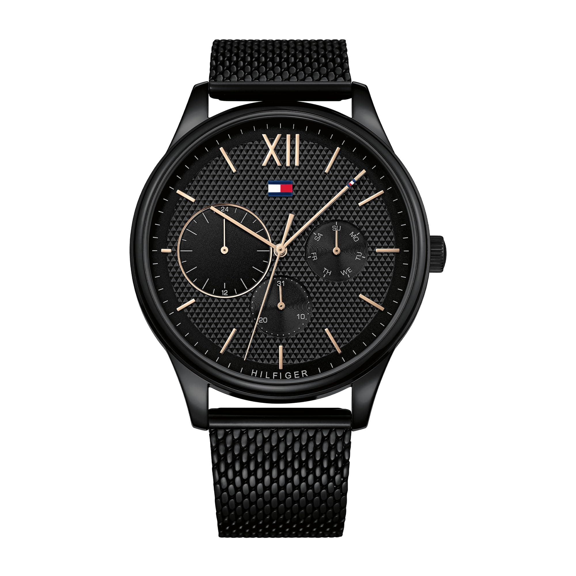 Tommy Hilfiger Herren-Multifunktions-Quarzuhr mit 44 mm - Schwarzes Zifferblatt mit Clou de Paris Muster, Schwarzes Edelstahl-Mesharmband, Wasserbeständig bis 5ATM - 1791420 Angebot bei HelloDeals