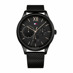 Tommy Hilfiger Herren-Multifunktions-Quarzuhr mit 44 mm - Schwarzes Zifferblatt mit Clou de Paris Muster, Schwarzes Edelstahl-Mesharmband, Wasserbeständig bis 5ATM - 1791420 Angebot bei HelloDeals