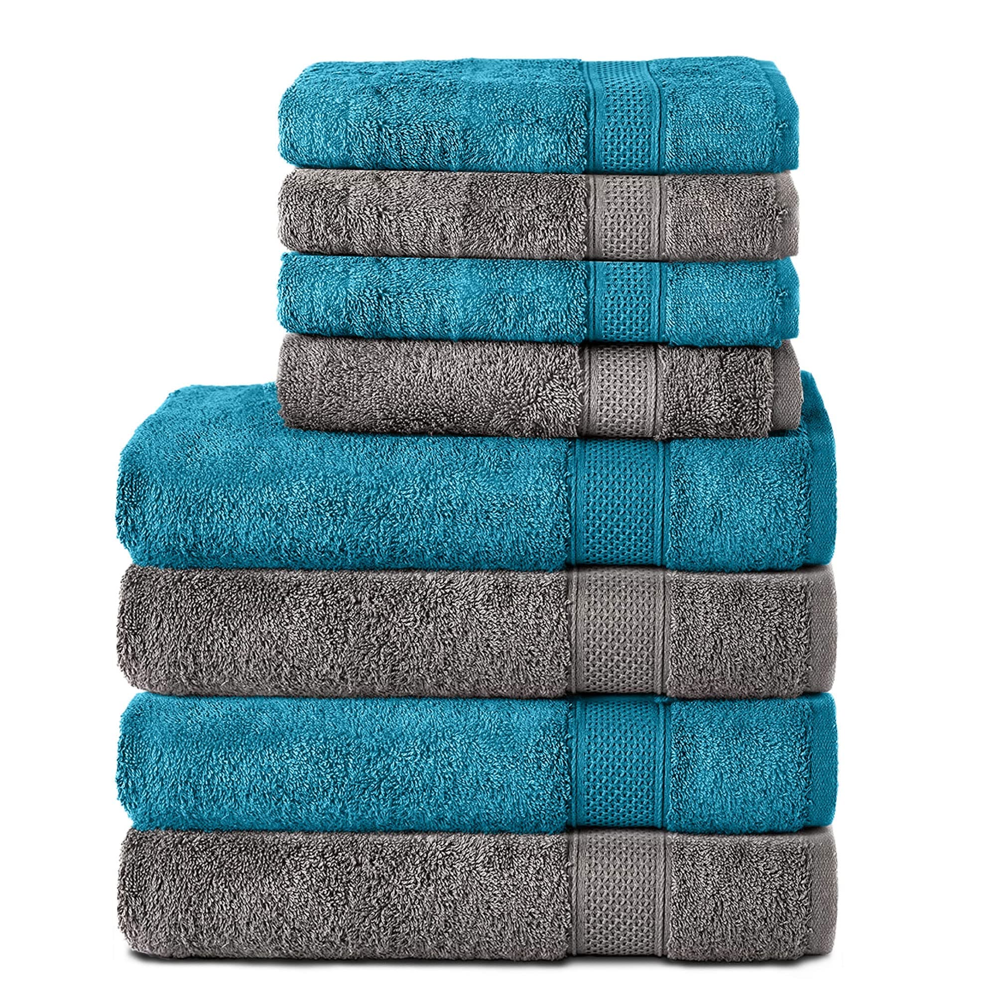 Komfortec 8er Handtuch Set aus 100% Baumwolle, 4 Badetücher 70x140 und 4 Handtücher 50x100 cm, Frottee, Weich, Towel, Groß, Anthrazit/Türkis Anthrazit/Türkis 4 Handtücher und 4 Badetücher Angebot bei HelloDeals