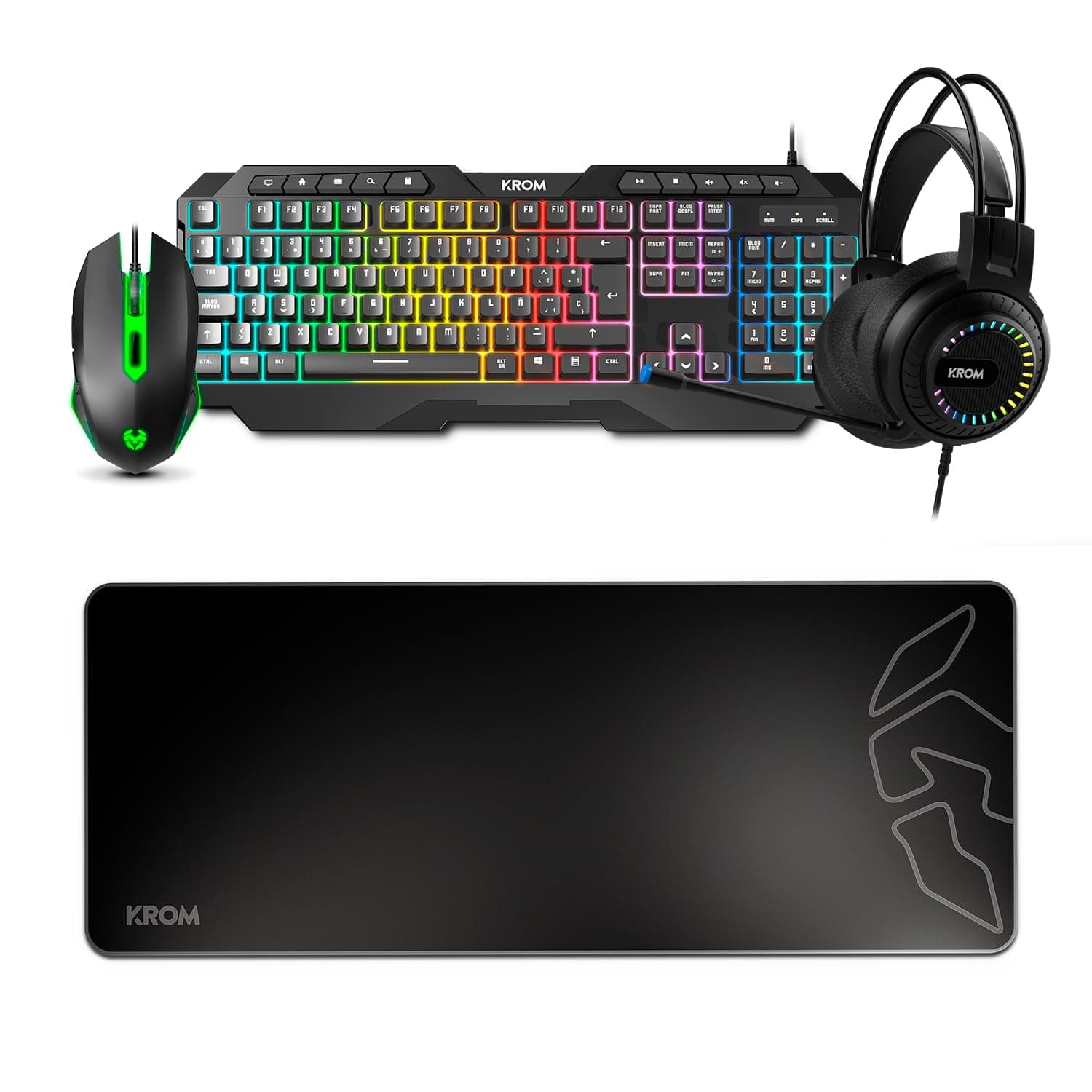 KROM KARRIER - Gaming Pack - RGB Rainbow LED Membrantastatur, 19 Anti-Ghosting-Tasten, Optische Maus 3600 dpi, Stereo-Kopfhörer 50mm, XXL Anti-Rutsch-Gummimauspad, Layout, schwarz Karrier SPANISH Angebot bei HelloDeals
