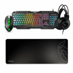 KROM KARRIER - Gaming Pack - RGB Rainbow LED Membrantastatur, 19 Anti-Ghosting-Tasten, Optische Maus 3600 dpi, Stereo-Kopfhörer 50mm, XXL Anti-Rutsch-Gummimauspad, Layout, schwarz Karrier SPANISH Angebot bei HelloDeals