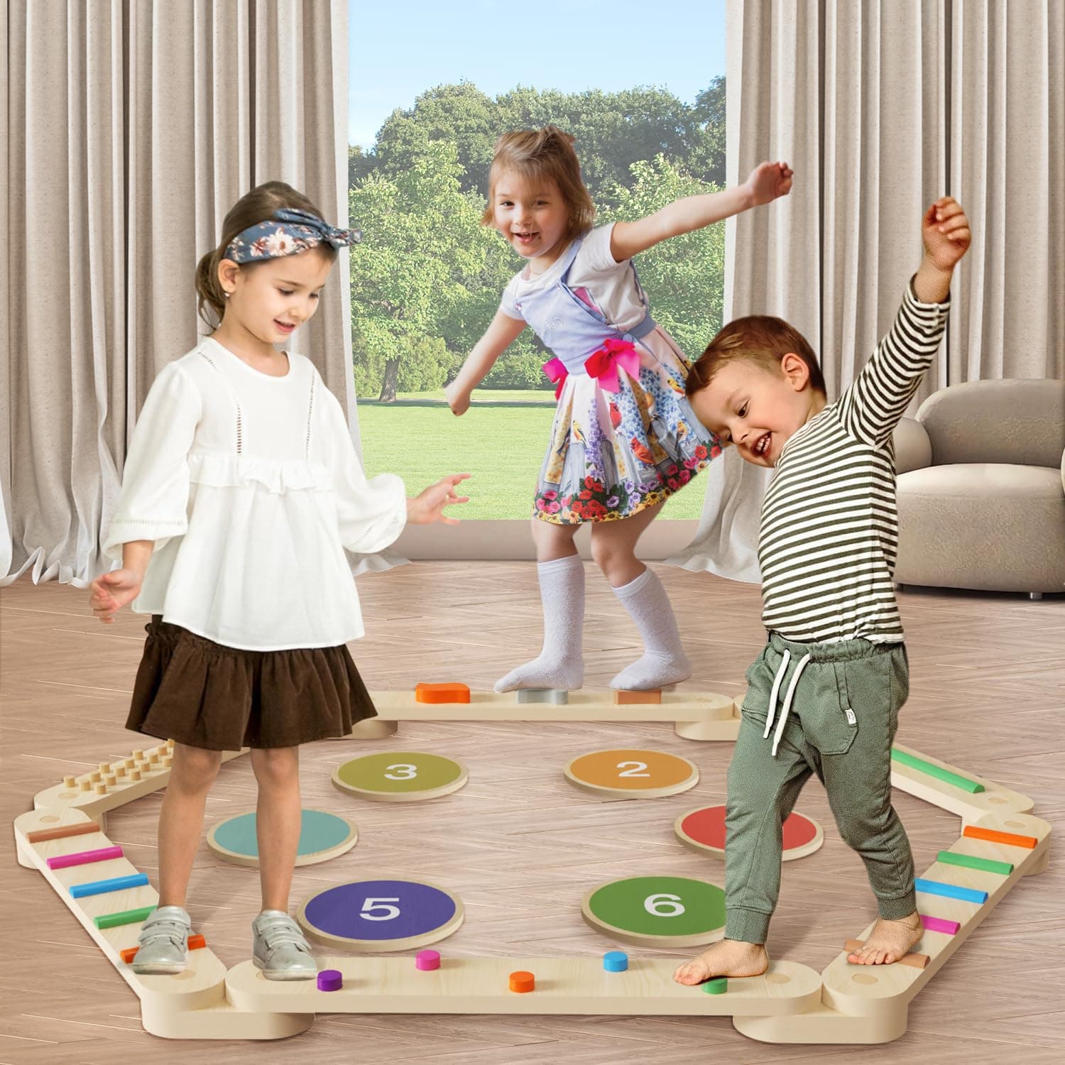 Holz Balancierbalken Kinder mit Digitale Hindernissteine, Montessori Sensorisch Balanciersteine Spielzeug für Kleinkinder zum Aufbau eines Koordinations-Hindernisbahn für Drinnen und Draußen Angebot bei HelloDeals