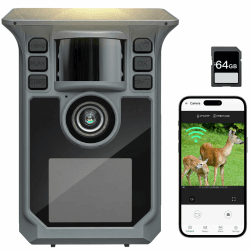 4K 64MP Wildkamera mit Handyübertragung APP, Solar WLAN Bluetooth Eingebaute 5000mAh, 64GB Speicherkarte, Wildkamera mit Bewegungsmelder Nachtsicht, IP67 Wasserdicht 130°Weitwinkel Angebot bei HelloDeals