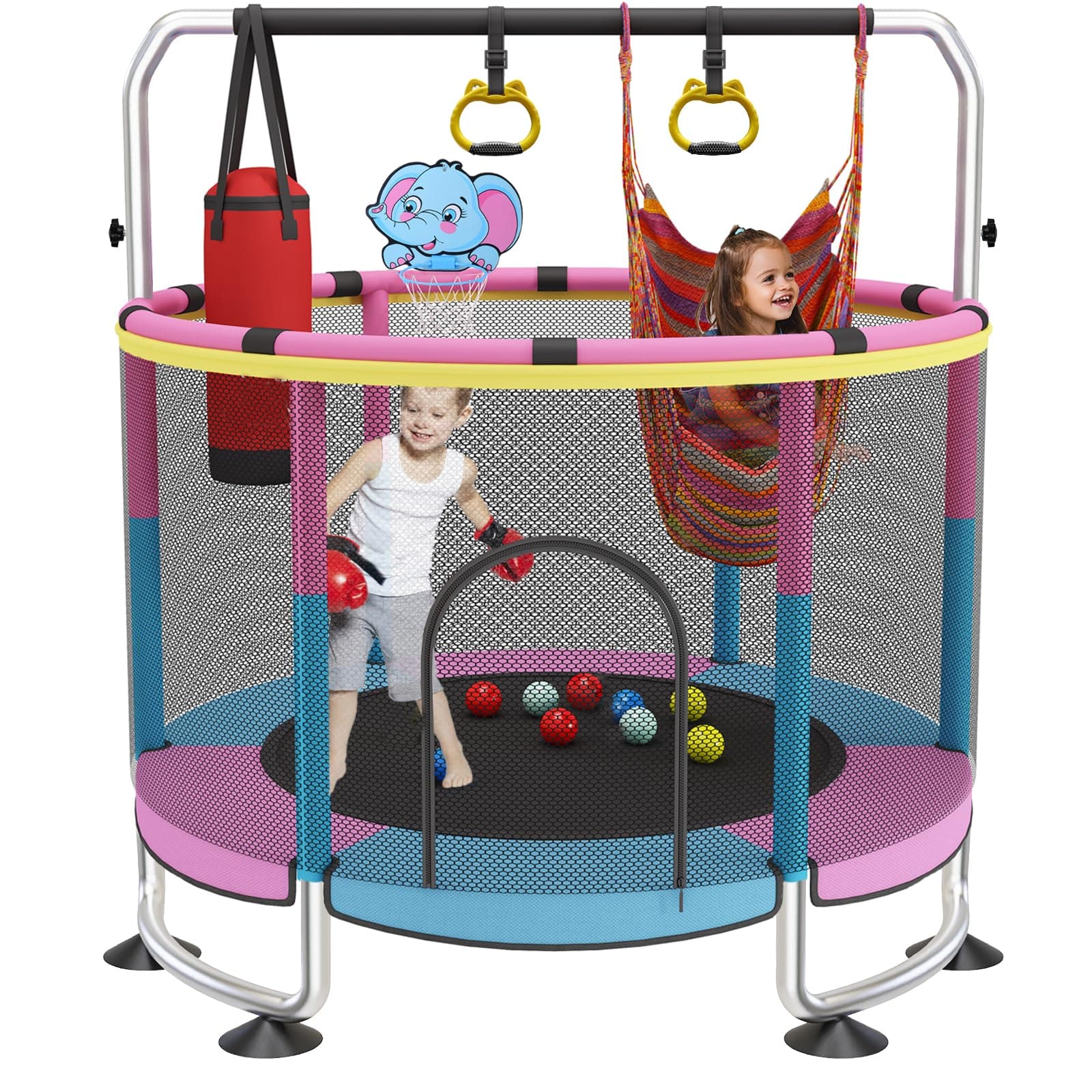 Trampolin Kinder, 150cm Kinder Trampolin Outdoor/Indoor, 200kg verstellbares,mit Basketballkorb und Gehäuse,Geschenke für Jungen und Mädchen Rosa Pink Angebot bei HelloDeals