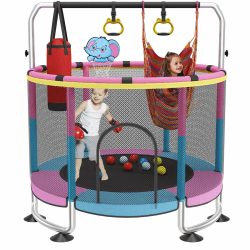 Trampolin Kinder, 150cm Kinder Trampolin Outdoor/Indoor, 200kg verstellbares,mit Basketballkorb und Gehäuse,Geschenke für Jungen und Mädchen Rosa Pink Angebot bei HelloDeals