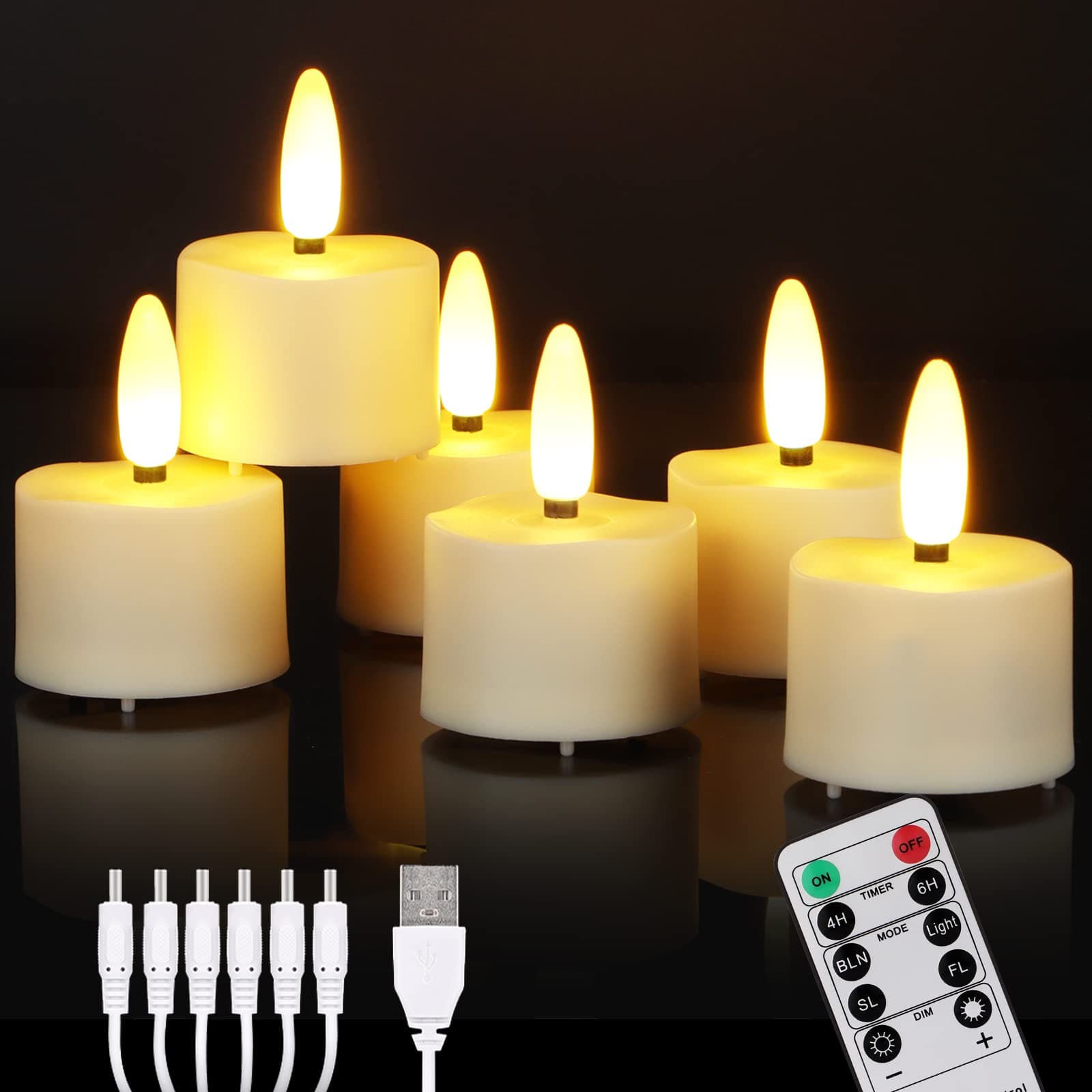 6er Wiederaufladbare Aufladbare LED Teelichter mit Timer Fernbedienung USB-Kabel Flackernde Flammenlose LED Teelichter Warmweiß Dimmbar Geeignet für Weihnachten Hochzeit Party Wiederaufladbare Led Teelichter 6er Angebot bei HelloDeals