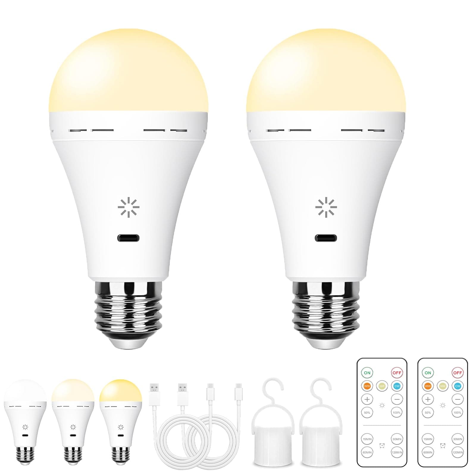 USB Aufladbare Glühbirne Mit Fernbedienung, 3 Farbtemperaturen, E27 LED Dimmbare Batterie Glühbirne, 7W Touch Control Lampe Mit Timing Funktion, Akku Lampen Mit Haken, 2600mAh,2 pack 3000k-6000k 2 PACK Angebot bei HelloDeals