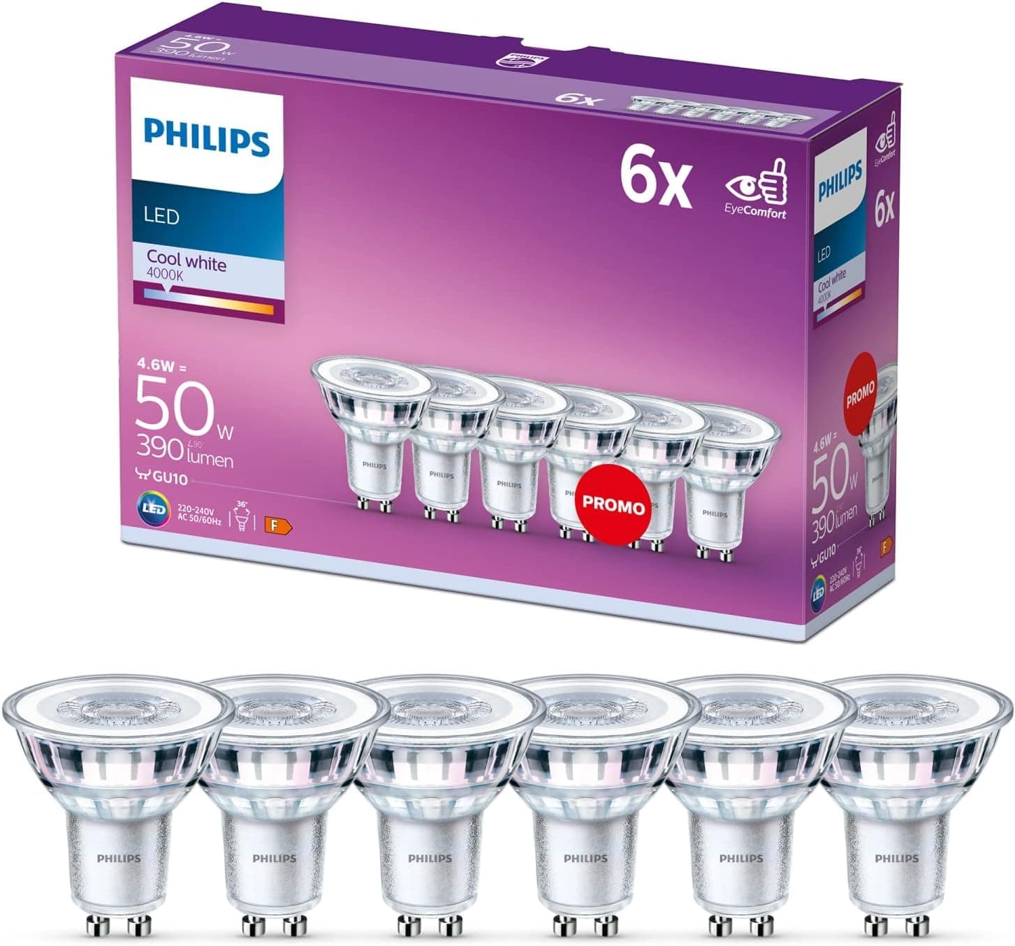 Philips LED Classic GU10 Lampen 6-er Pack (50 W), Reflektor LED Spots mit kaltweißem Licht, energiesparende Lampen mit langer Nutzlebensdauer, Nicht Dimmbar 50W Kaltweiß 6er Pack Angebot bei HelloDeals