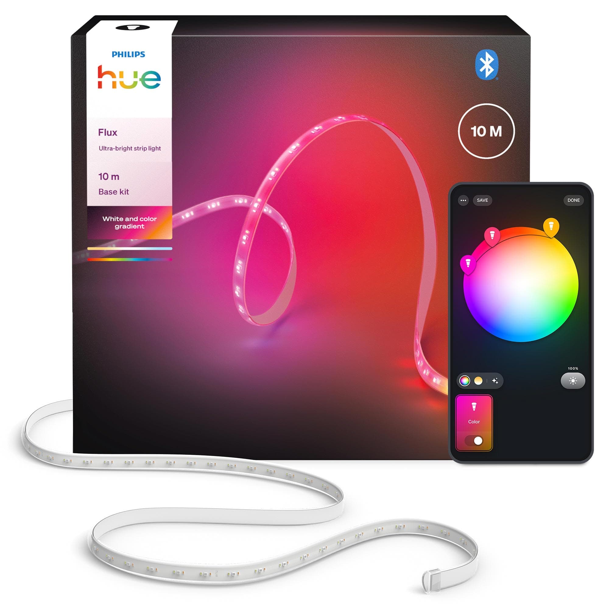Philips Hue Flux 10m UltraBright LED-Lightstrip, 2900 lm, lebendige Farben, flexible Innenbeleuchtung, Chromasync™-Farbmischung, zuschneidbar, erweiterbar, wiederverwendbar, App- & Sprachsteuerung Angebot bei HelloDeals