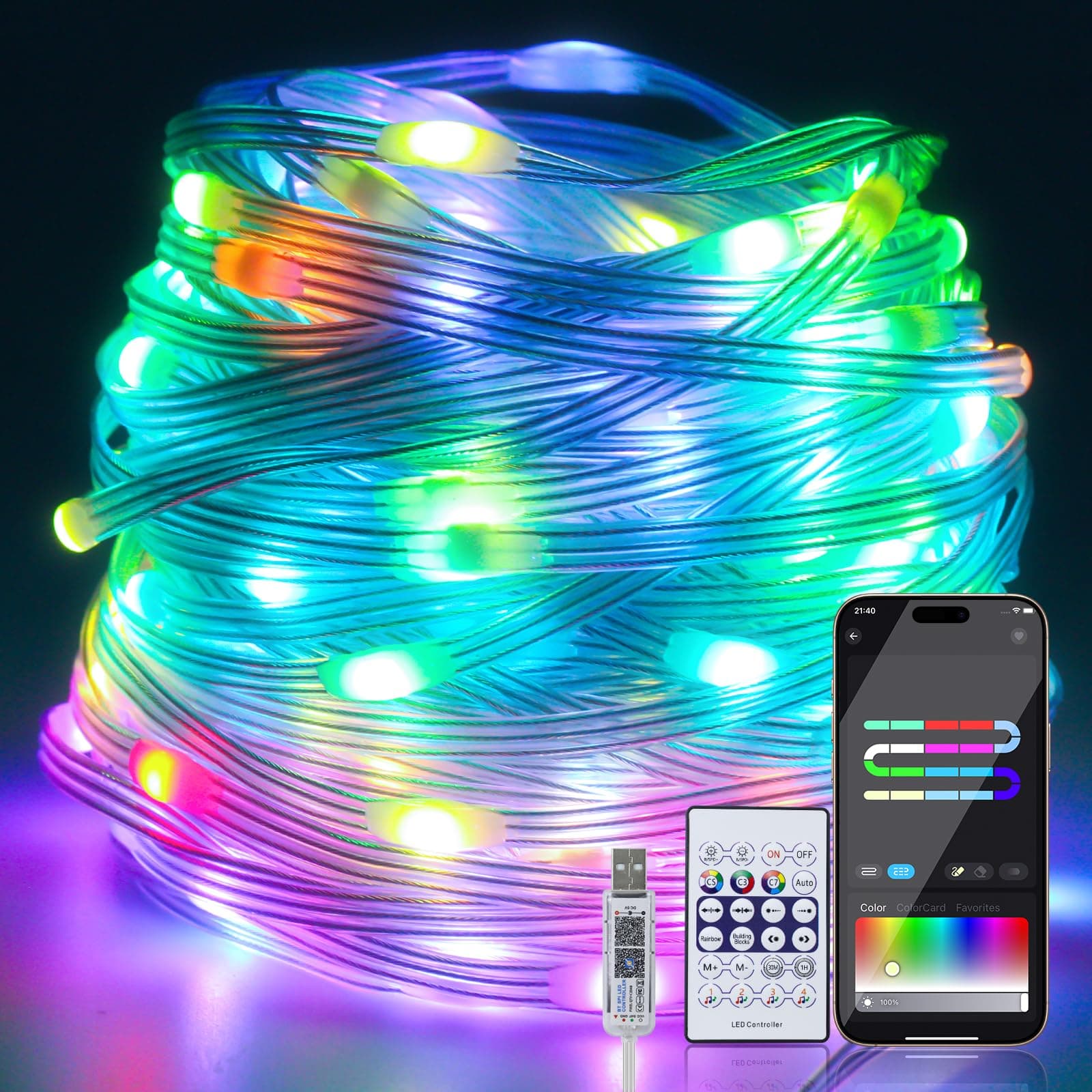 Lichterkette Außen, 20M 200LED IP65 Wasserdichte RGB Lichtschlauch Außen App-Steuerung mit USB-Anschluss für Balkon/Garten/Party/Halloween/Weihnachten Angebot bei HelloDeals