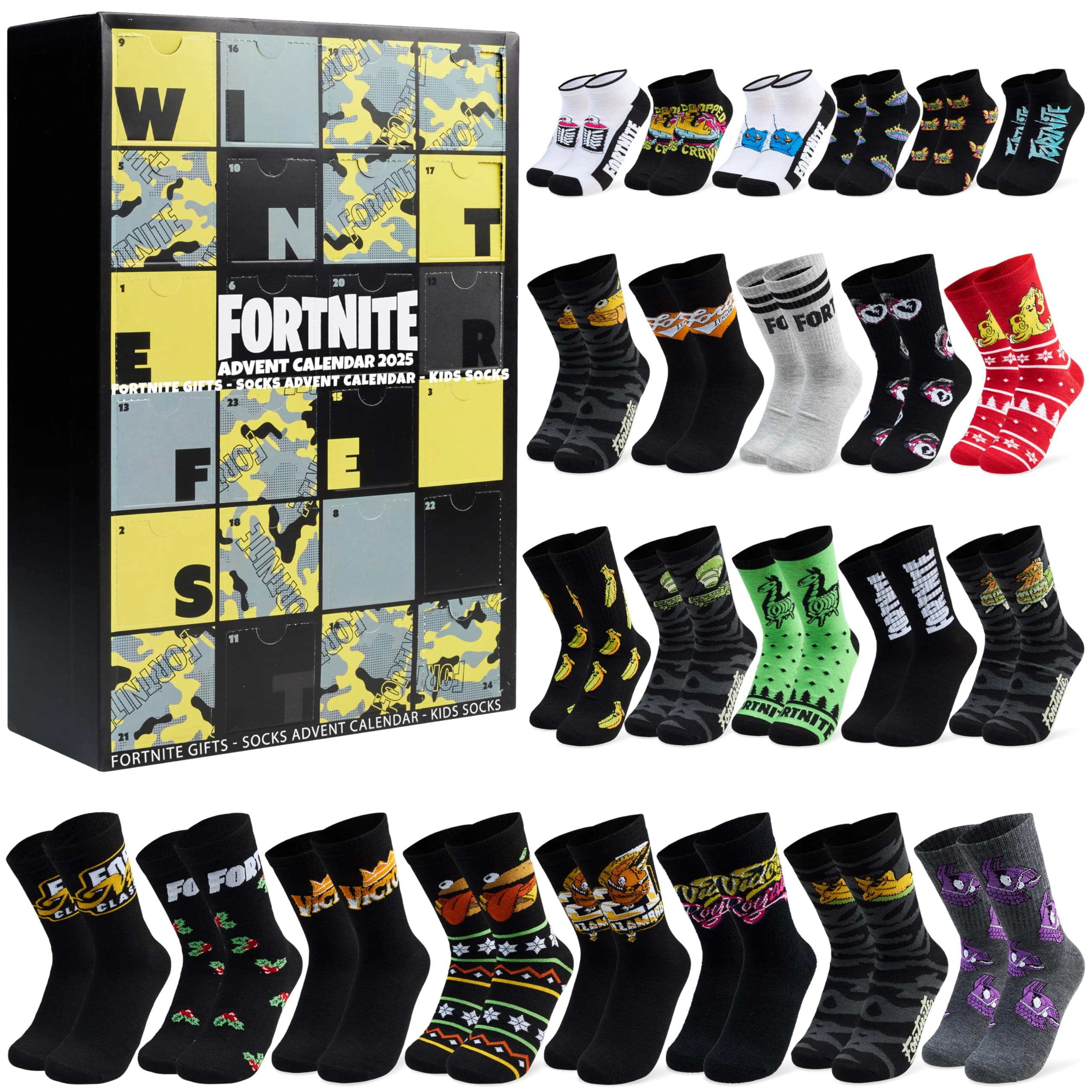 Get Trend Fortnite Socken Adventskalender 2025 für Teenager & Herren, 24 Paar, 39-42.5, Bequem & Weich, Countdown Weihnachten Kalender, Gamer Geschenke (Schwarz/Gelb Fortnite) Angebot bei HelloDeals