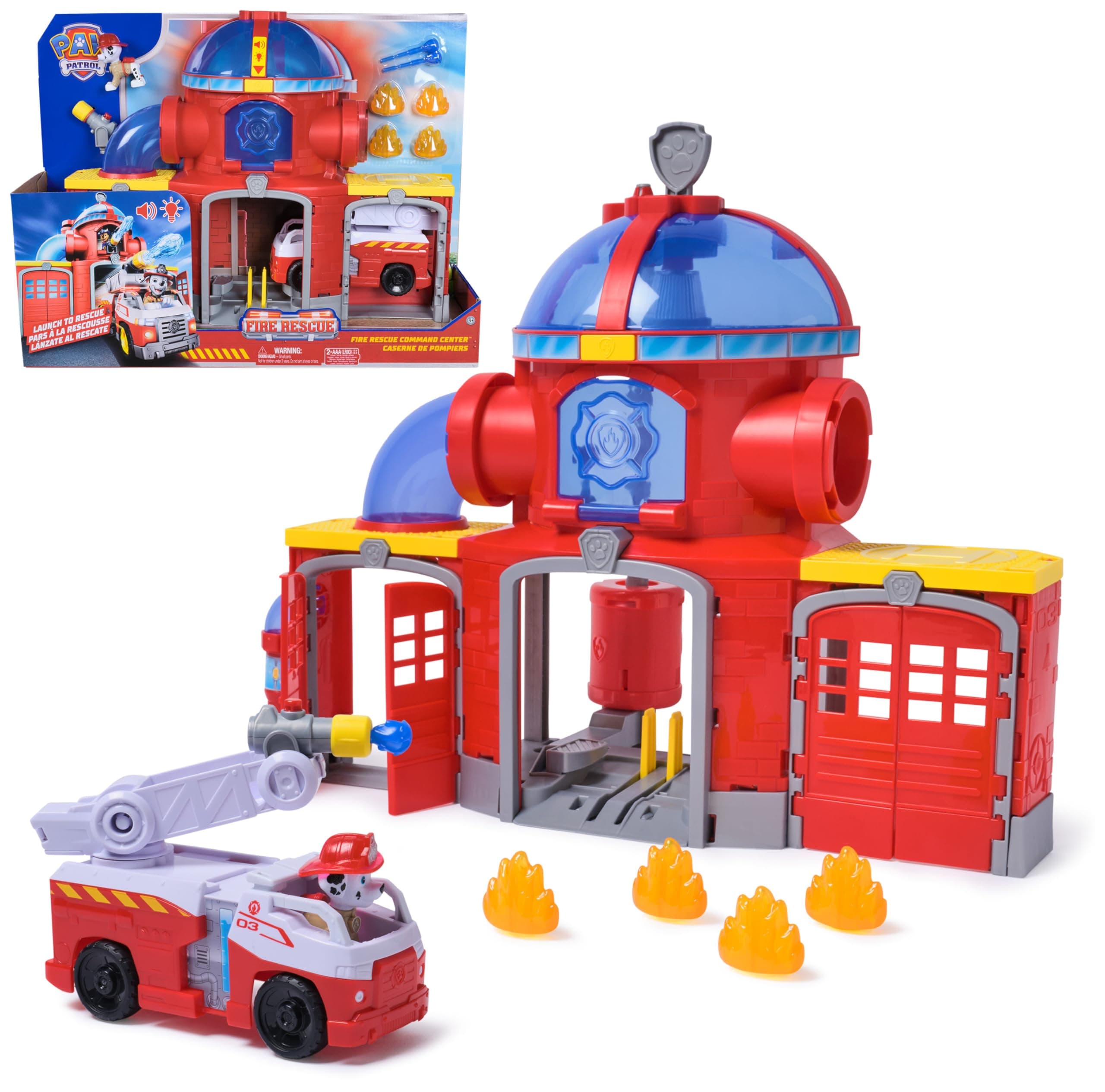 PAW PATROL – Fire Rescue Feuerwehr-Station mit Licht- und Soundeffekten, Wasserkanone, Rutschstange und Startrampe, ca. 38 cm, inkl. Marshall-Figur und Feuerwehrauto, für Kinder ab 3 Jahren Angebot bei HelloDeals