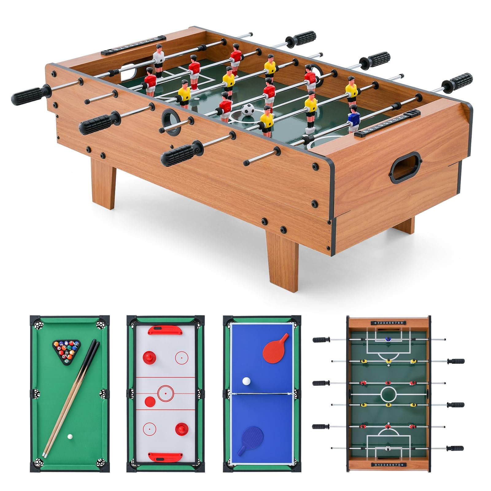COSTWAY 4 in 1 Spieltisch, Tischkicker & Billardtisch & Hockeytisch & Air Tischtennistisch, Multifunktionstisch aus Holz, Tischfußball für Spielzimmer, Bars, Partys, Kickertisch für Kinder, Erwachsene Angebot bei HelloDeals
