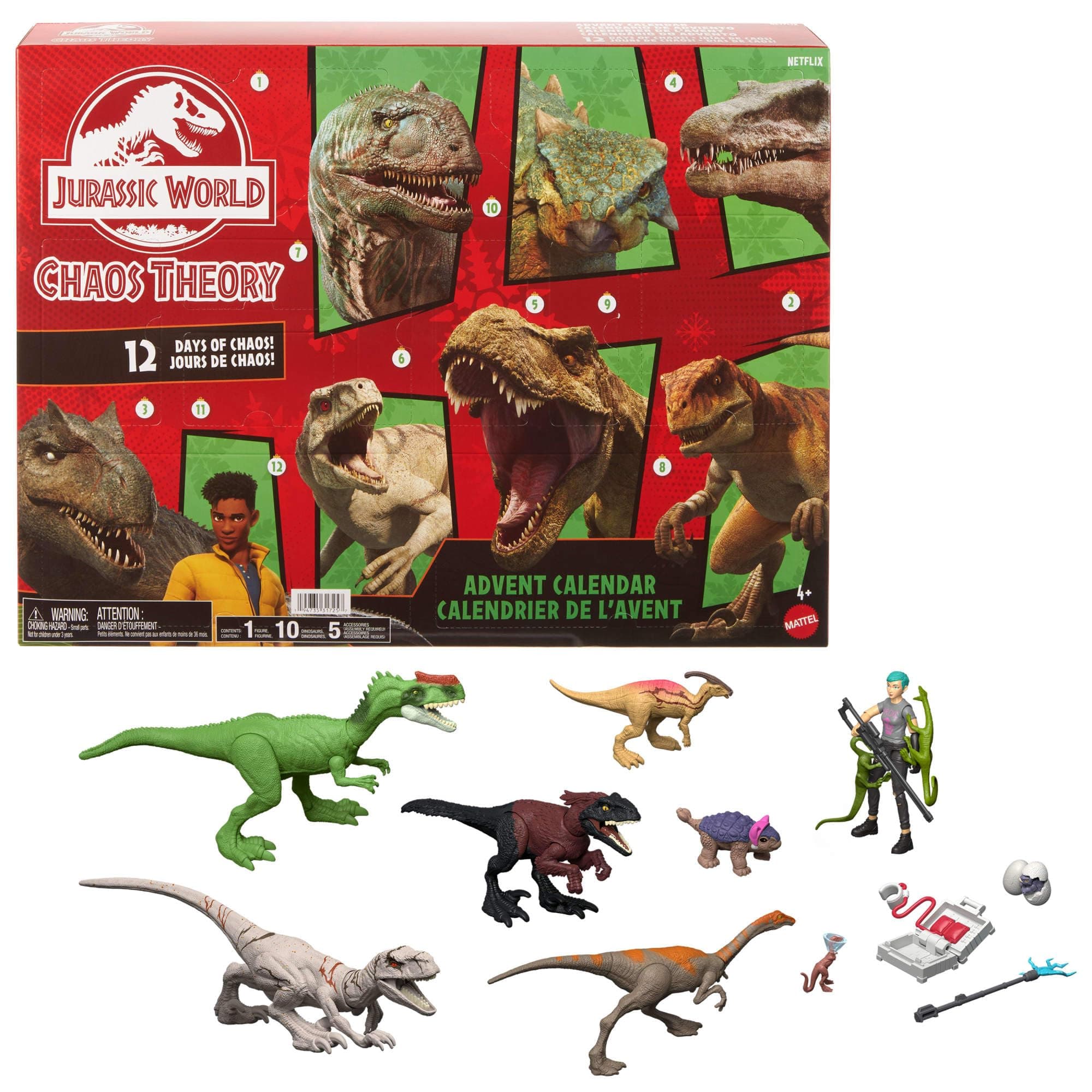 Jurassic World Chaostheorie Exklusiver Adventskalender mit 12 Türchen, 12 Tage voller Überraschungen, Smoothie und 8 weitere Dinosaurier-Figuren, Brooklynn-Figur, JGM17 Angebot bei HelloDeals