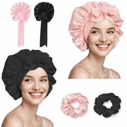 2 Stück Seidenhaube zum Schlafen mit Haargummis, Verstellbarem Satin Haarhaube Seide, Weich Schlafmütze Damen Haarschutz für die Nacht, Bonnet Sleep Cap Duschhauben Sakura Rosa+Schwarz Angebot bei HelloDeals